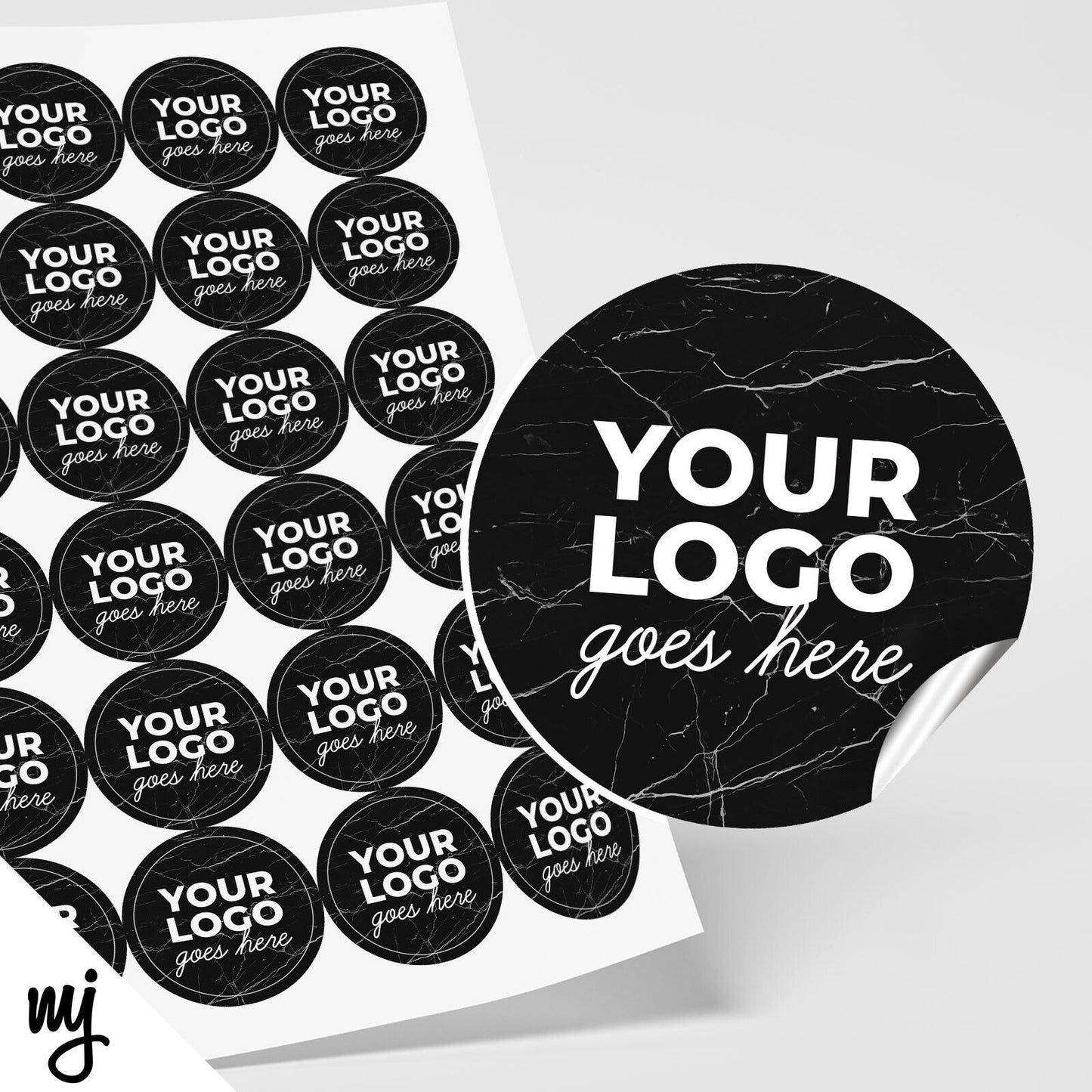 CUSTOM ROUND STICKER LABEL PRINTING | ADD LOGO / TEXT | BLACK MARBLE WHITE