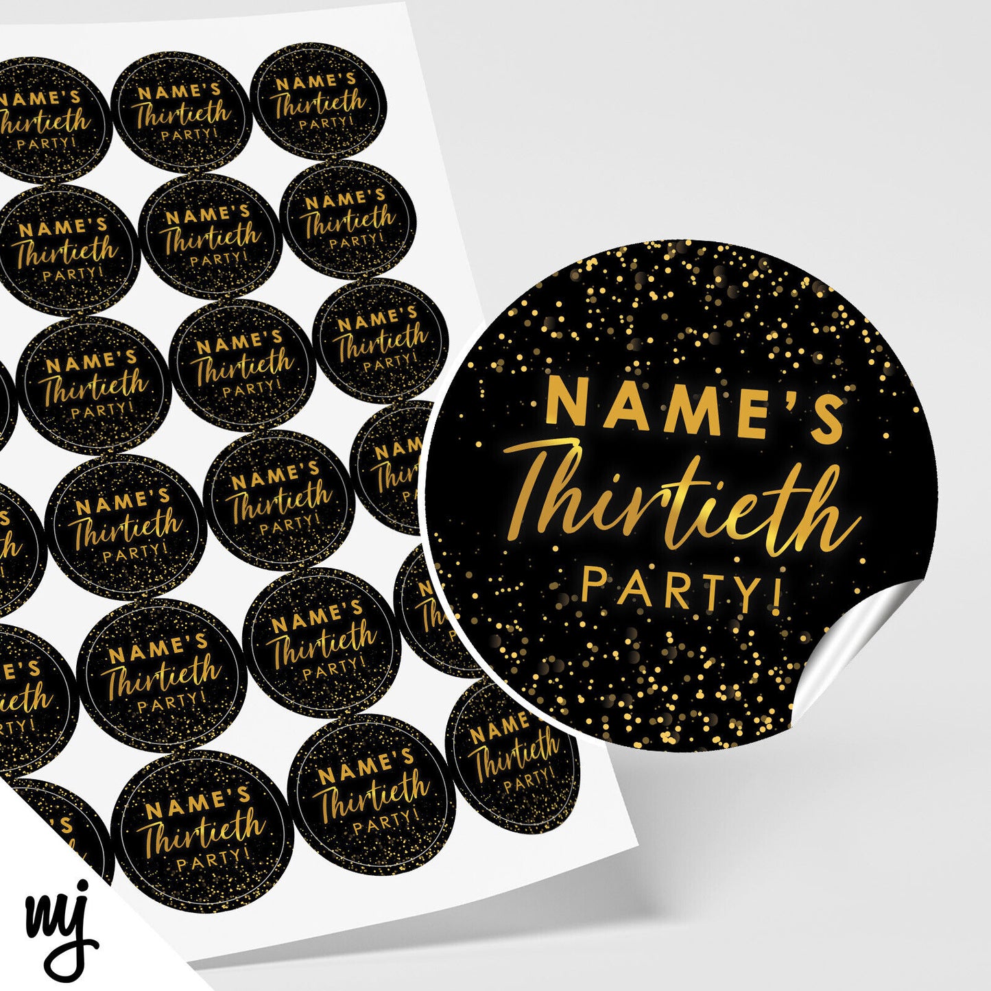 PERSONALISED 30TH BIRTHDAY PARTY ROUND STICKERS | BLACK GOLD GLITTER STYLE