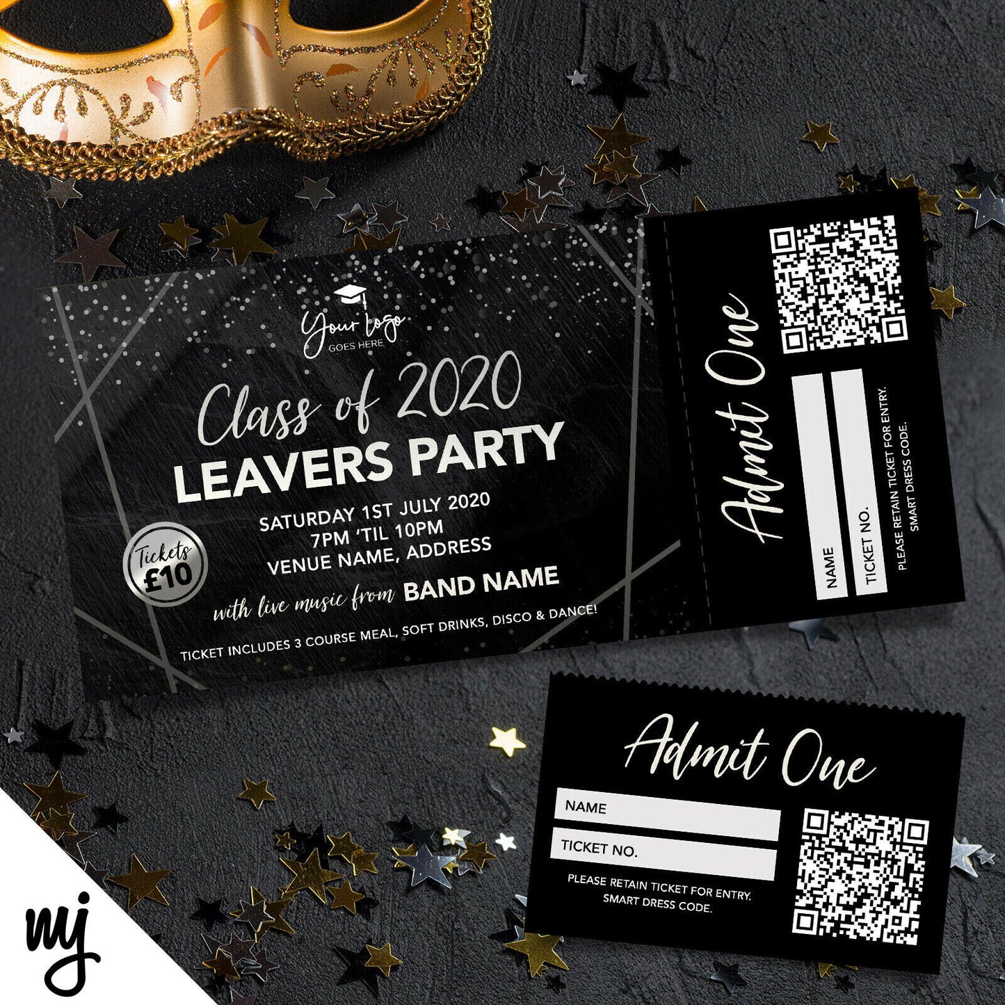 Custom School Leavers Party Ticket Printing | Perforated | Black Marble Silver