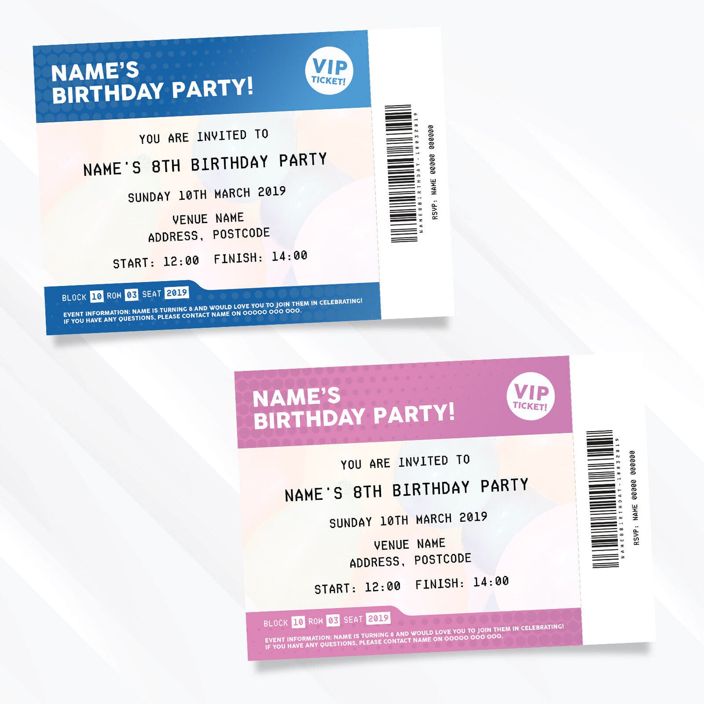 Personalised Vip Ticket Style Birthday Party Invitations For Boys/girls