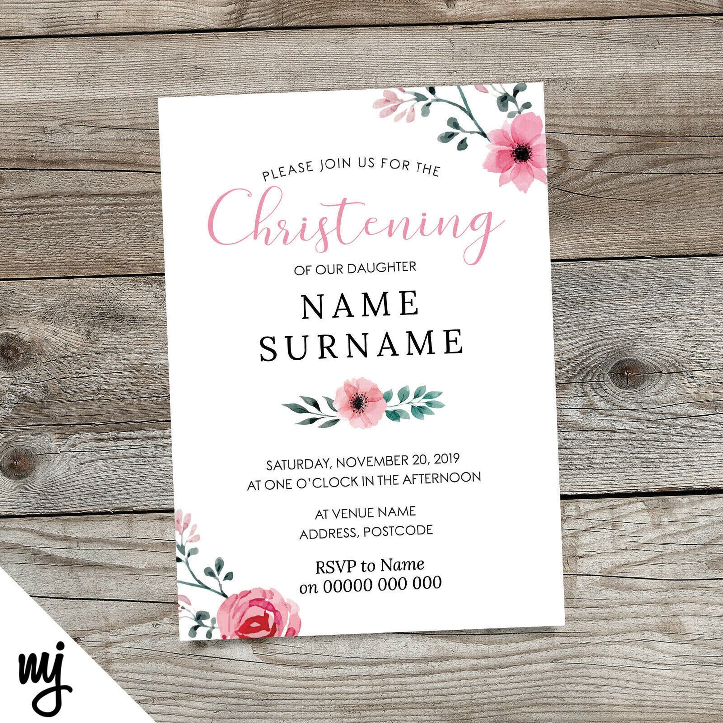 Pink Floral Christening Invitations