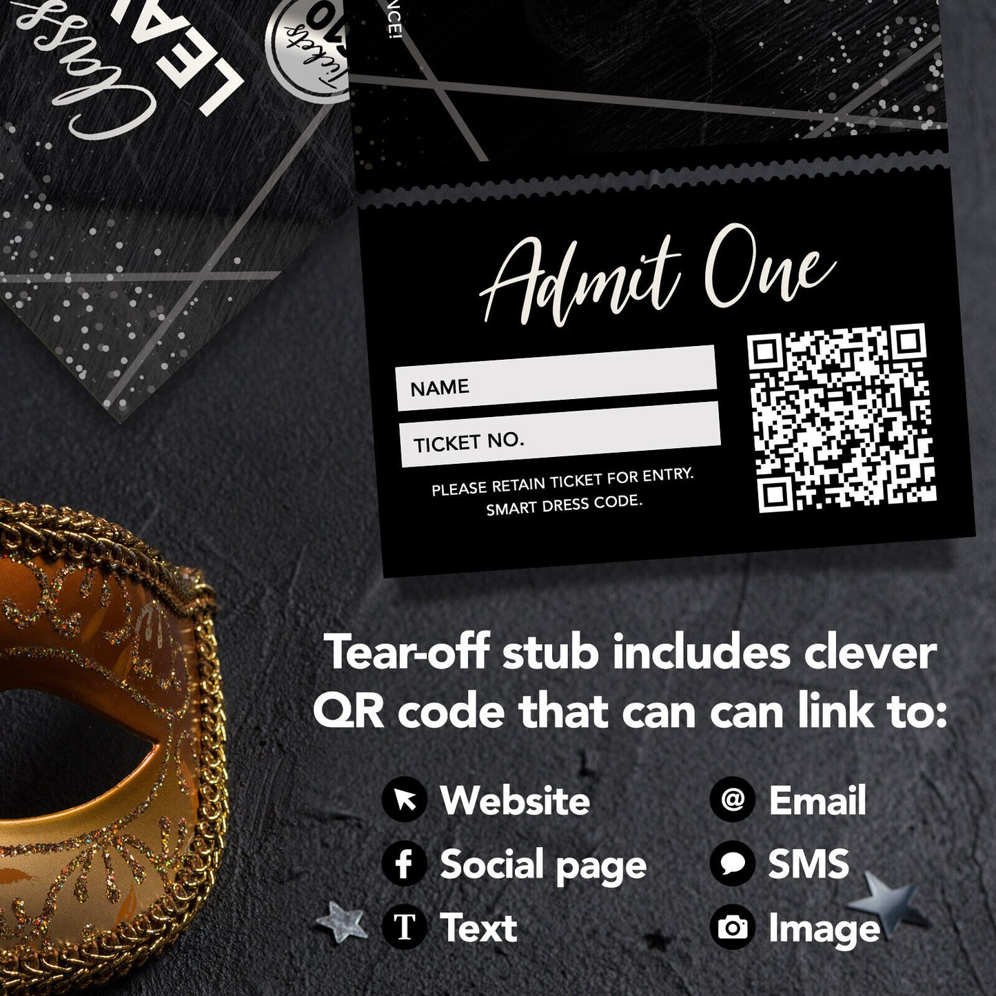 Custom School Leavers Party Ticket Printing | Perforated | Black Marble Silver