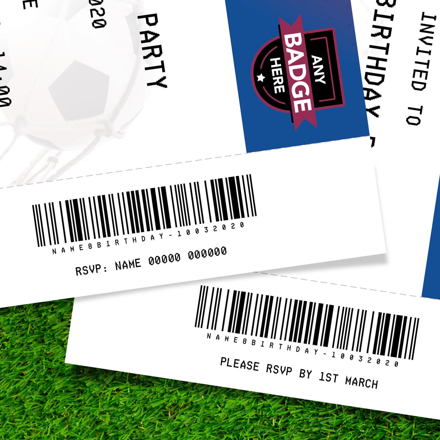 Personalised Maroon & Blue Football Ticket Style Invitations | Kids/adults