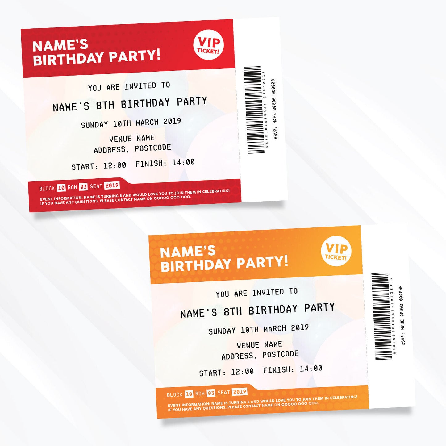 Personalised Vip Ticket Style Birthday Party Invitations For Boys/girls