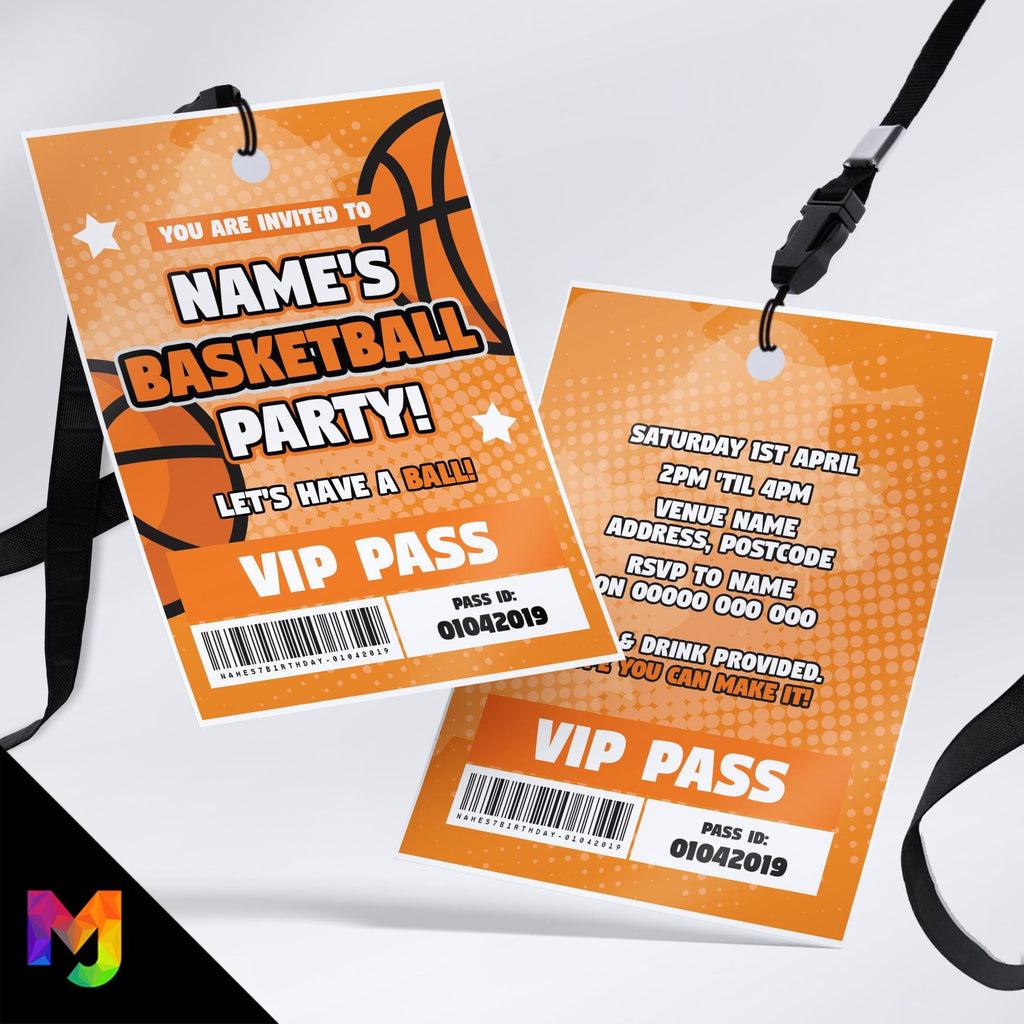 Personalised basketball sports party style VIP pass & lanyards