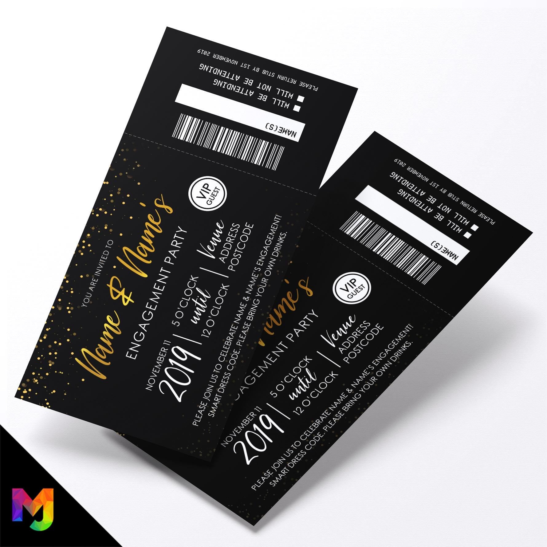 Personalised engagement party black gold glitter ticket style Invitations Invites | Perforated