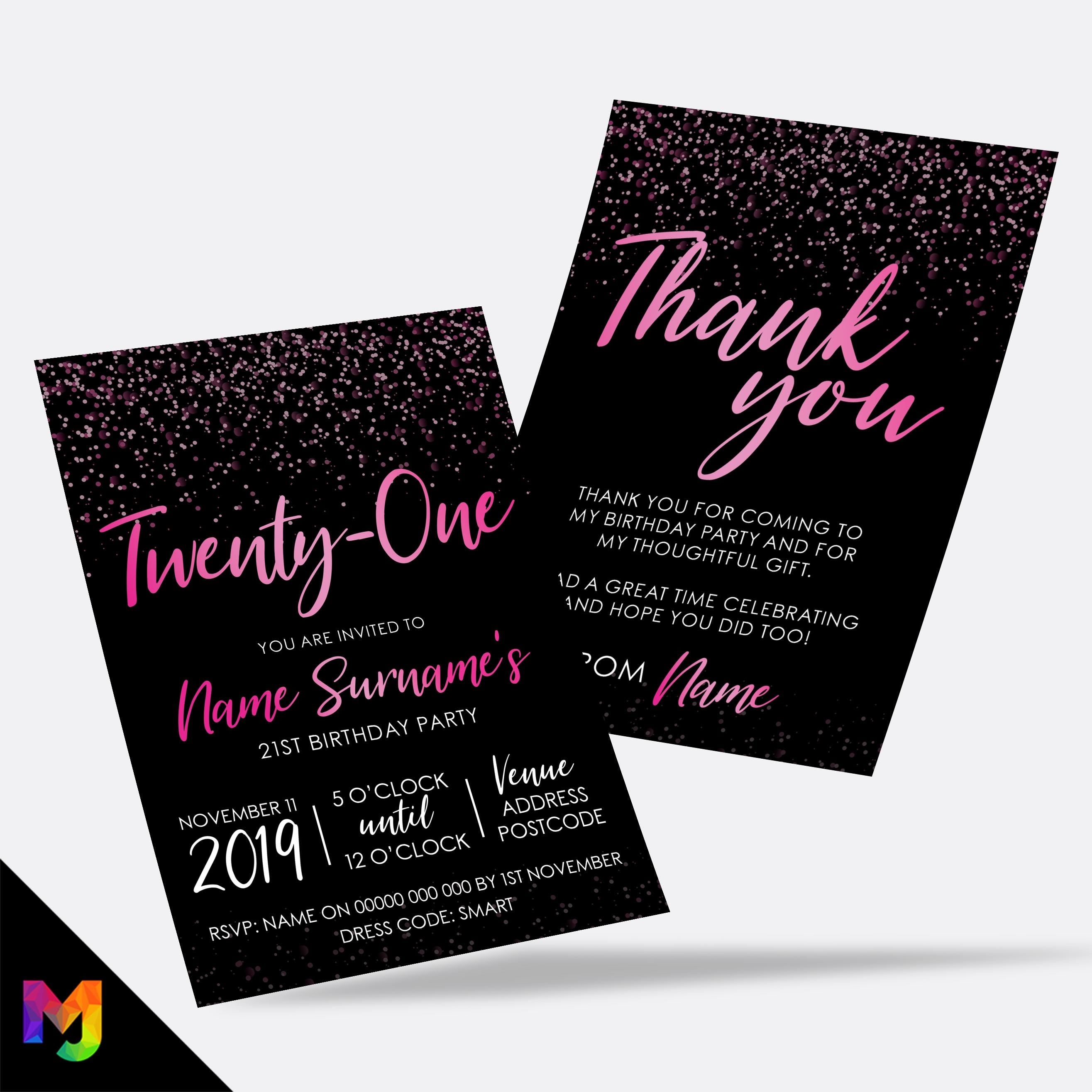 Personalised 21st birthday party Invitations Invites | Black hot pink glitter style modern design