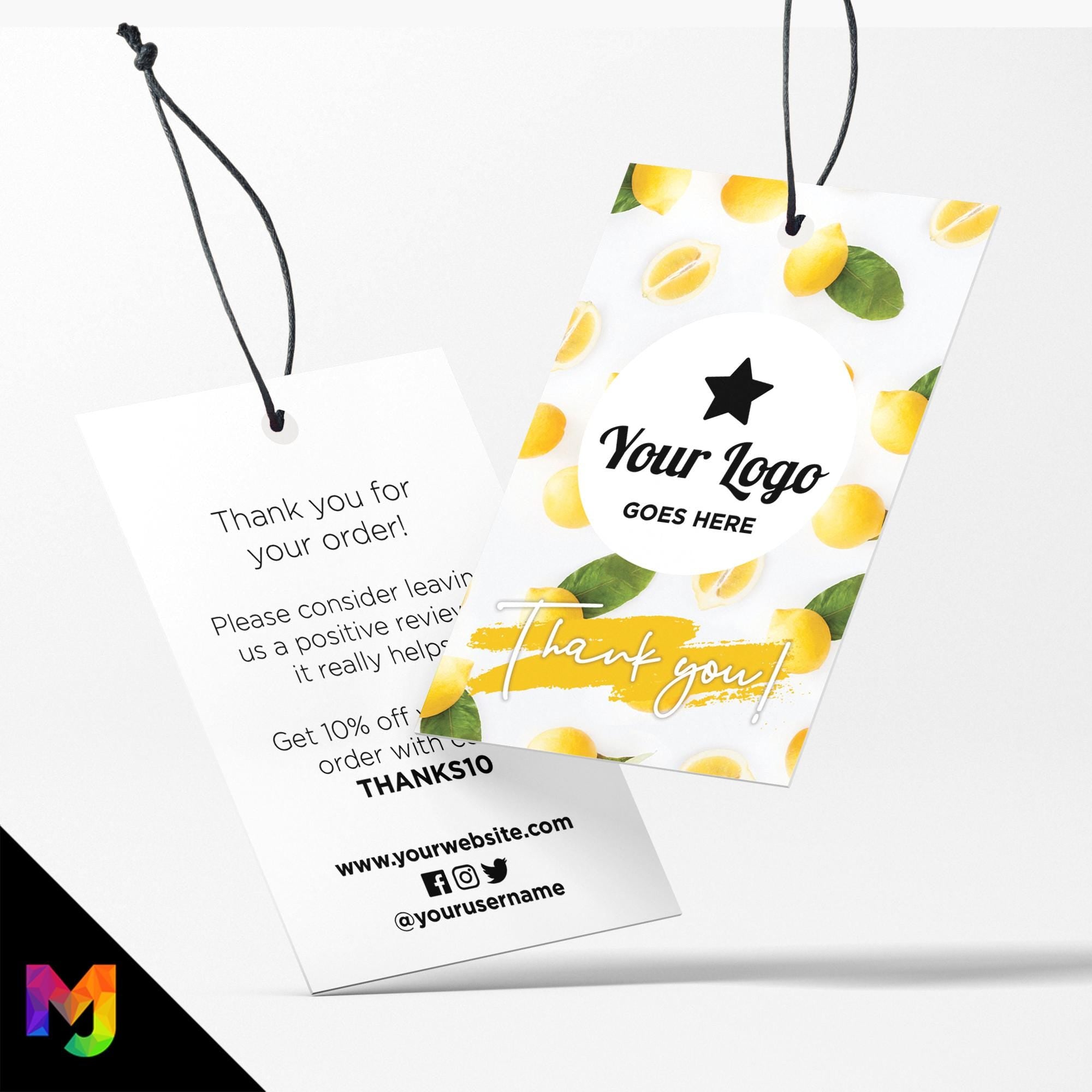 Custom printed thank you swing tags cards | Yellow lemon fruity pattern style design
