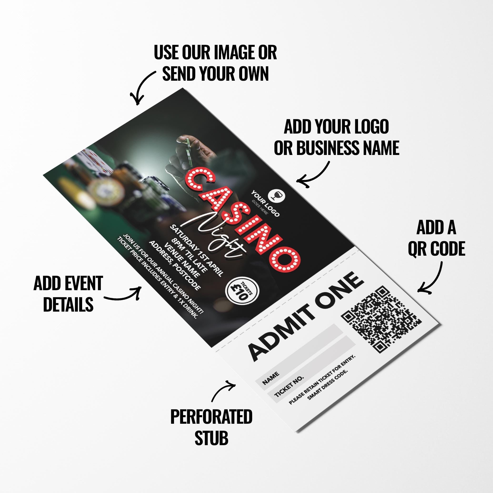 Custom casino night event tickets | Perforated stubs | Gamble casino gambling event pub charity event 3