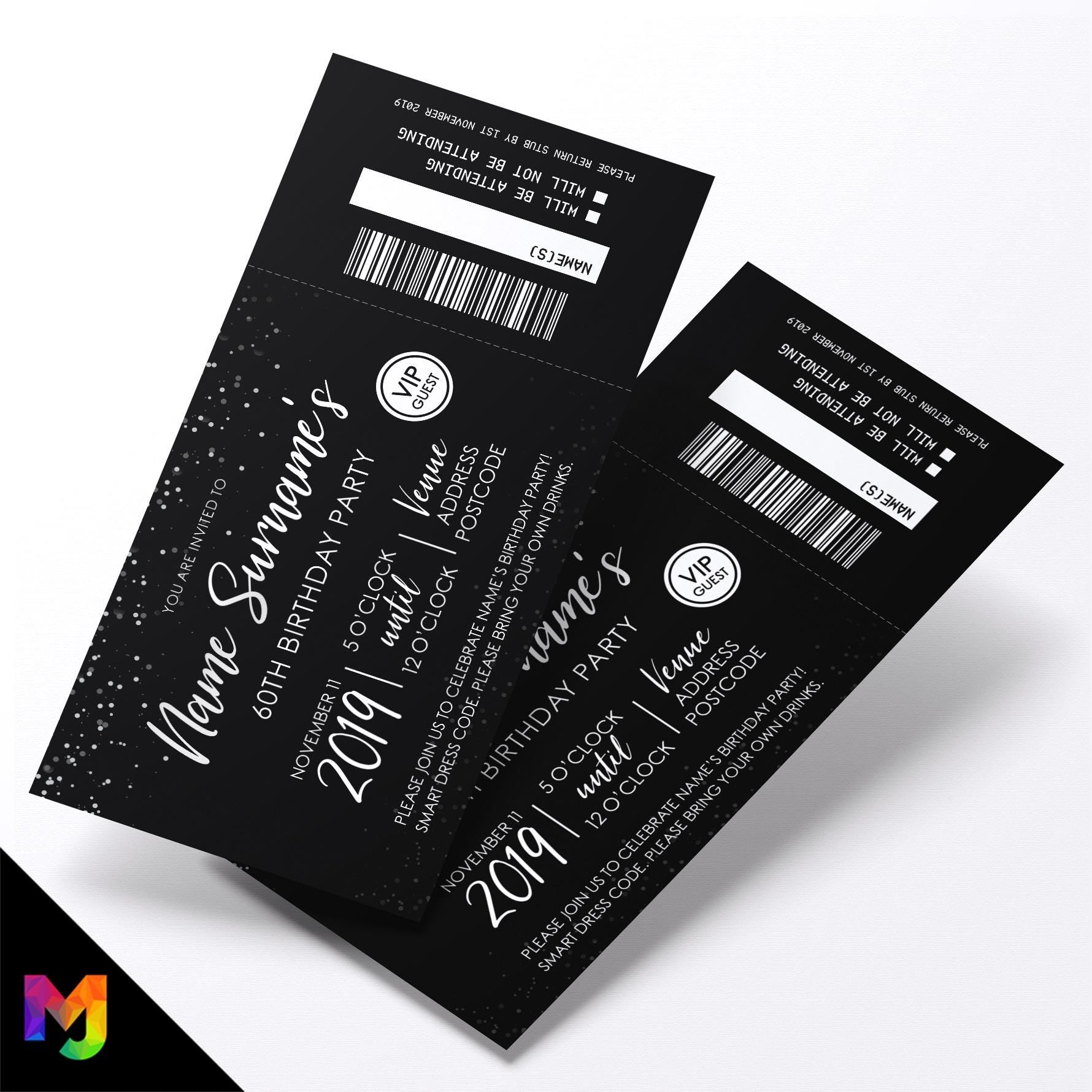 Personalised 60th birthday party black white glitter ticket style Invitations Invites | Perforated | Any age!