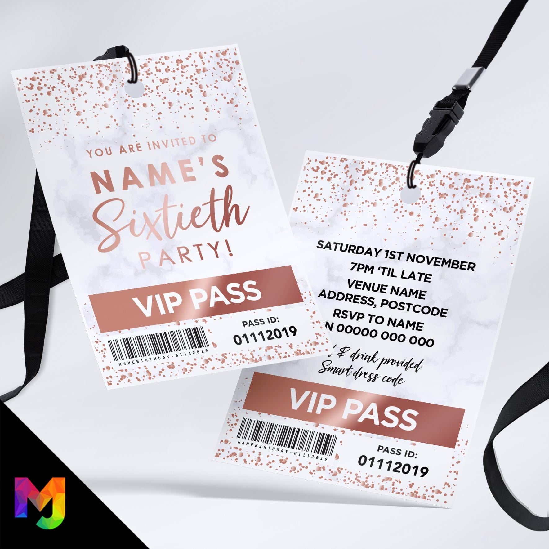 Personalised 60th birthday style VIP pass & lanyards | Marble rose gold design | ANY AGE!