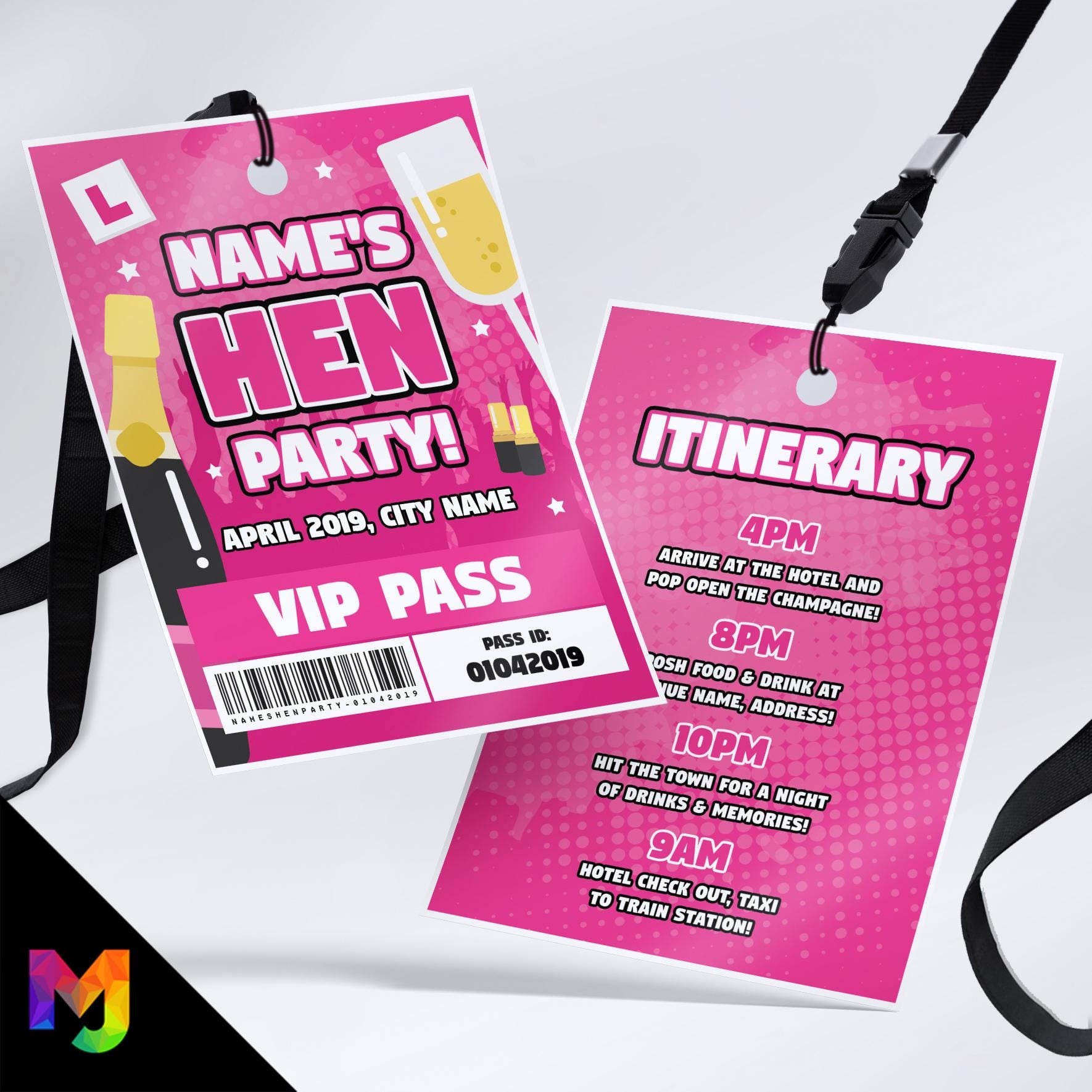 Personalised Hen night party style VIP pass & lanyard Invitations Invites | Favours itinerary selfies dares