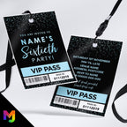 Personalised 60th birthday style VIP pass & lanyards | Blue black glitter design | ANY AGE!