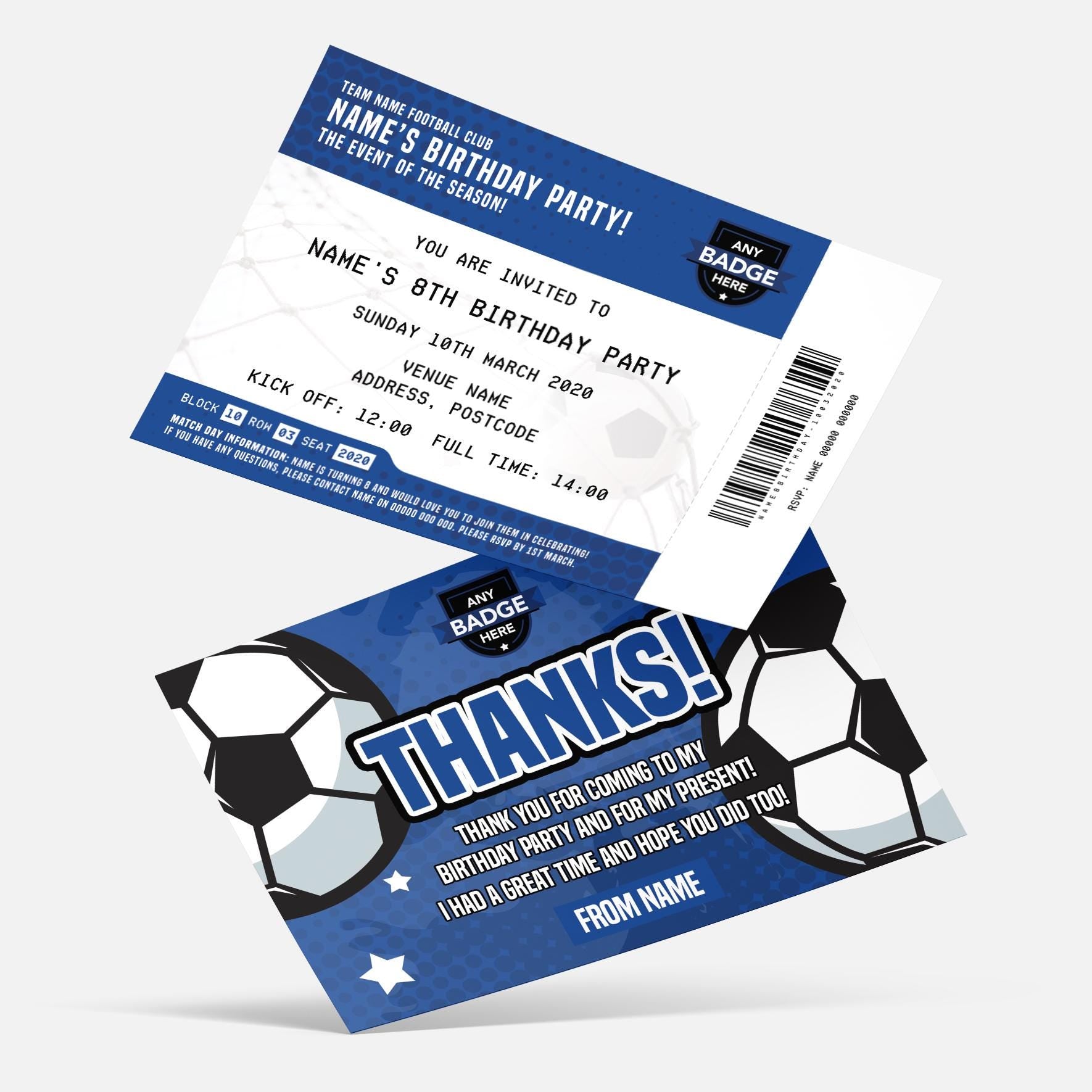 Personalised football ticket style Invitations Invites + thank you cards | Any team and colours!