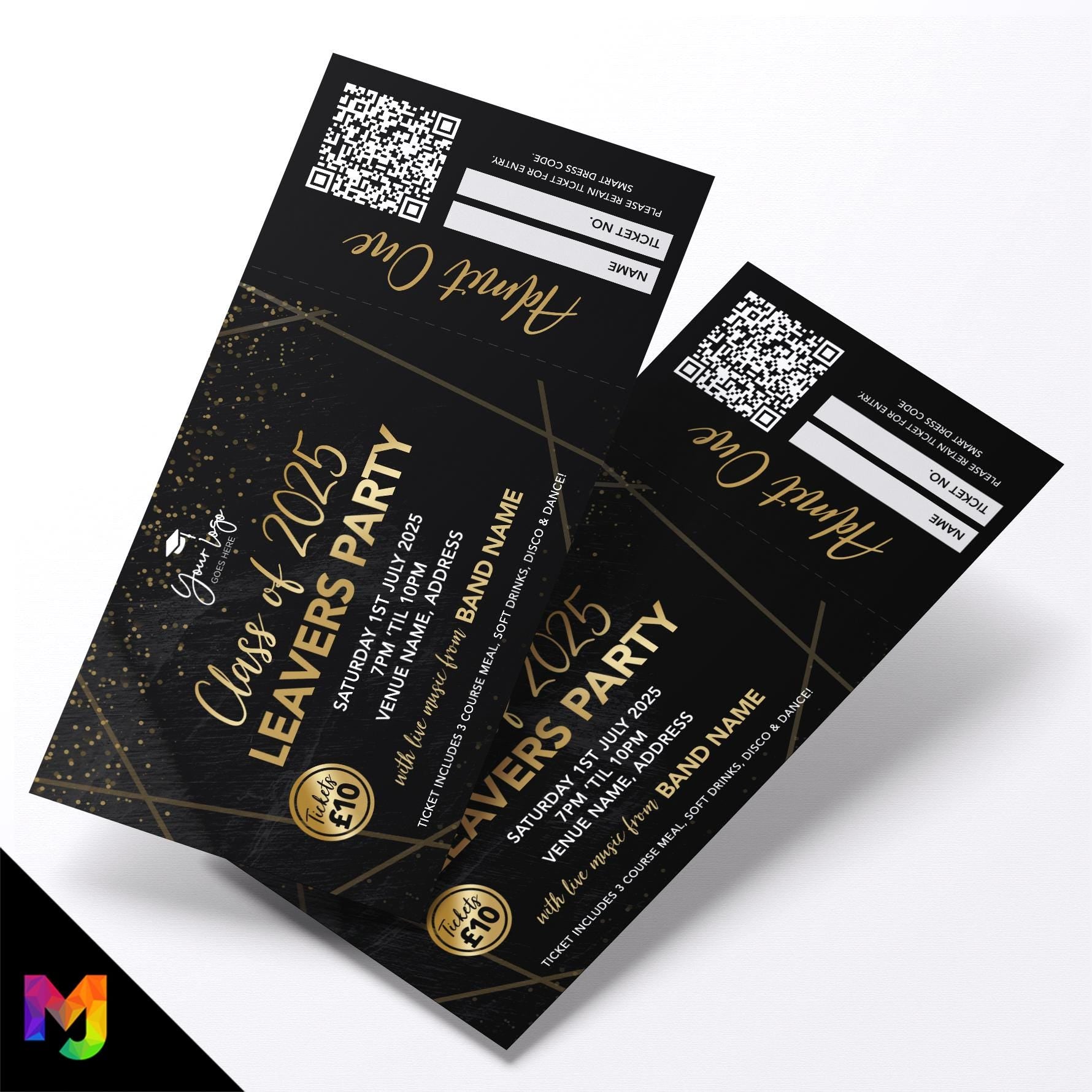 Custom printed school leavers party tickets | Perforated stubs | Black marble gold school student prom leaving party Class of 2025