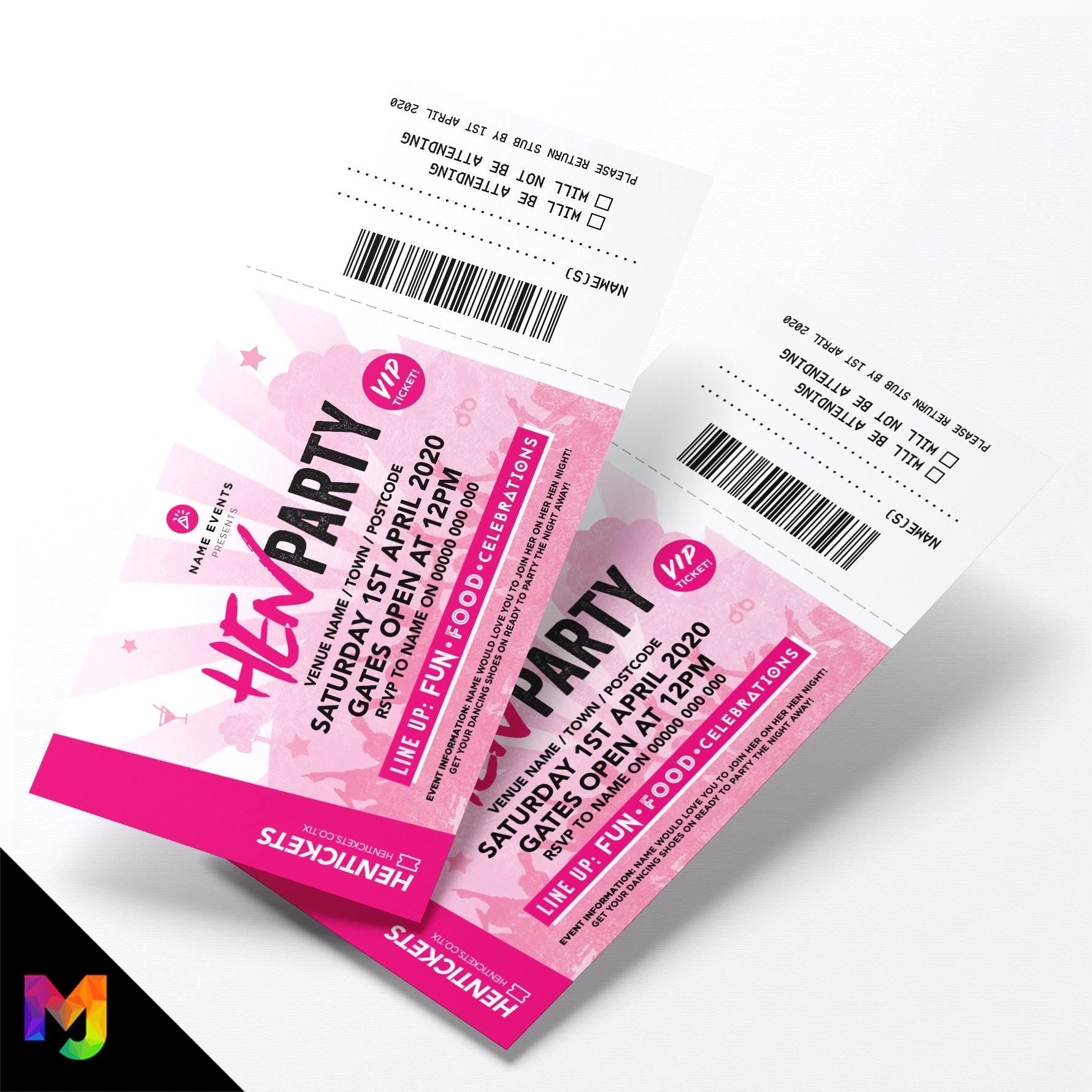 Personalised Hen party festival VIP ticket style party Invitations Invites | Perforated stubs