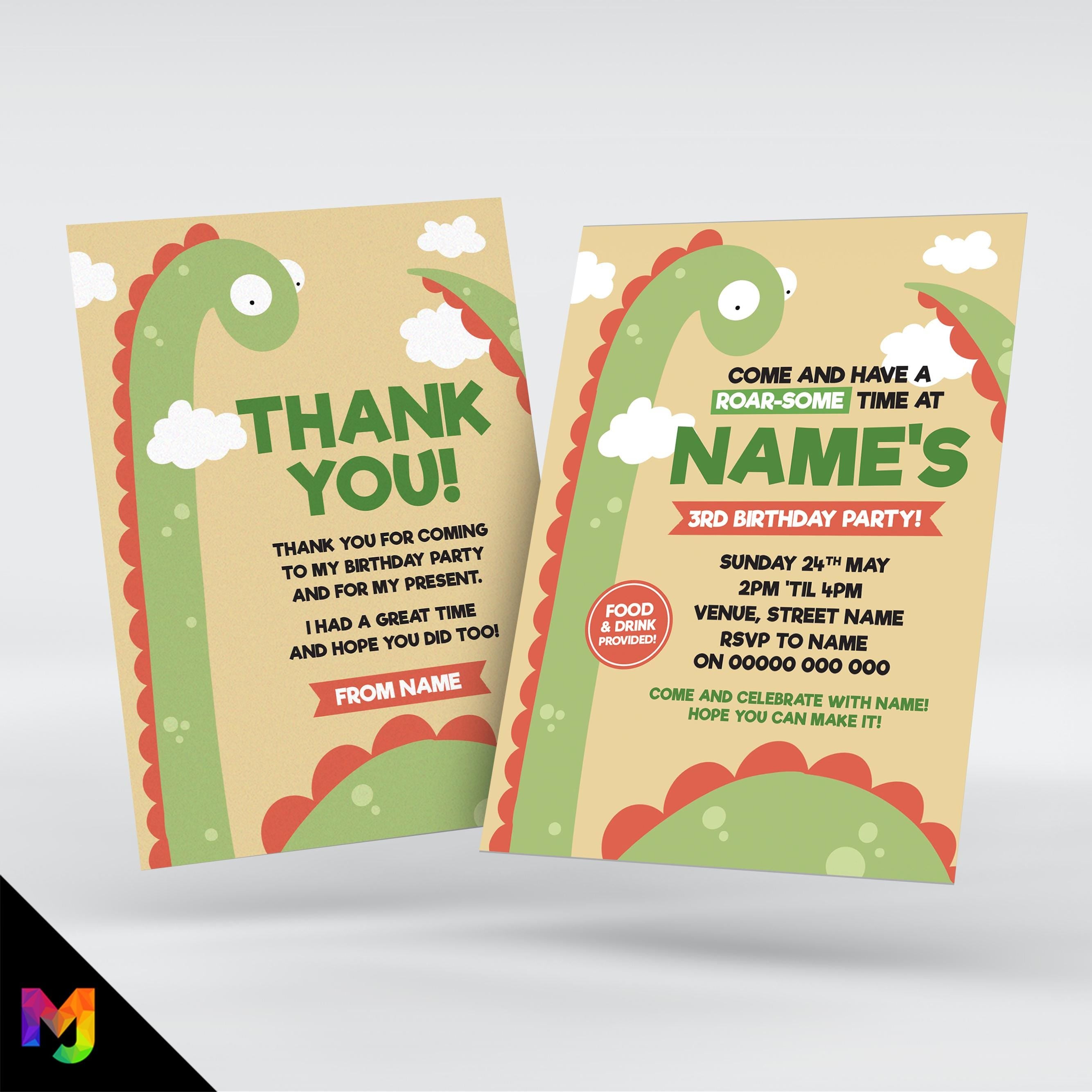 Personalised Dinosaur style Invitations Invites & thank you cards | Cute design for kids 2