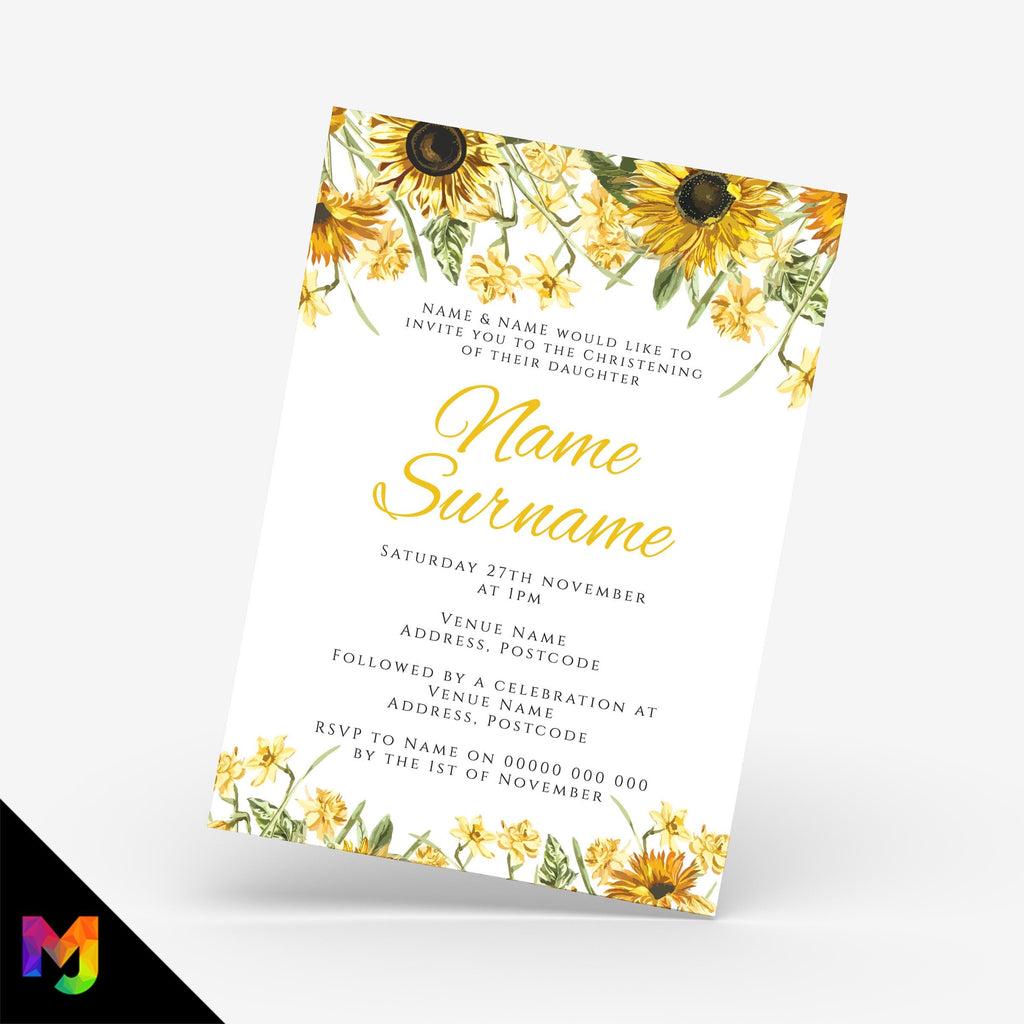 Personalised christening invitations invites | Sunflower kids baby floral elegant modern design 1