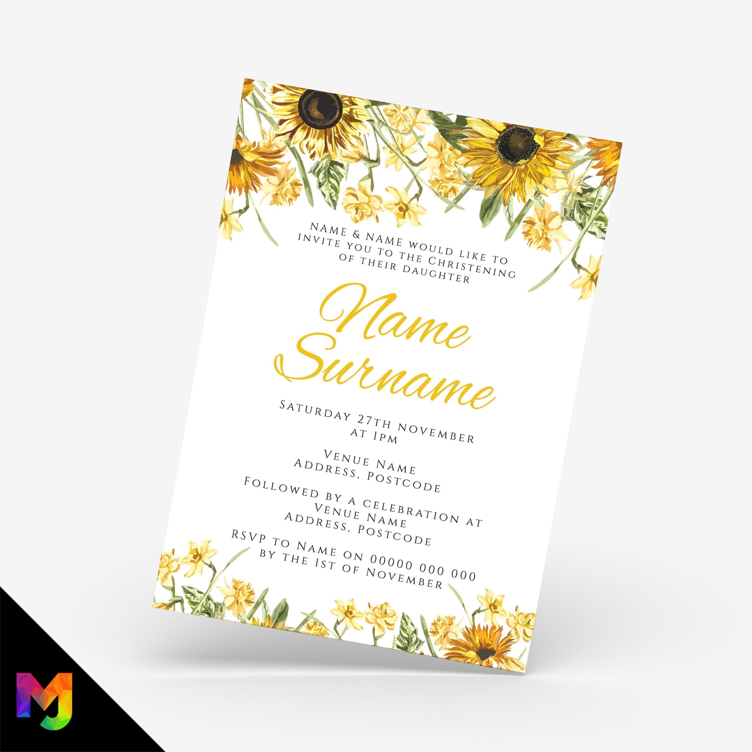 Personalised christening invitations invites | Sunflower kids baby floral elegant modern design 1
