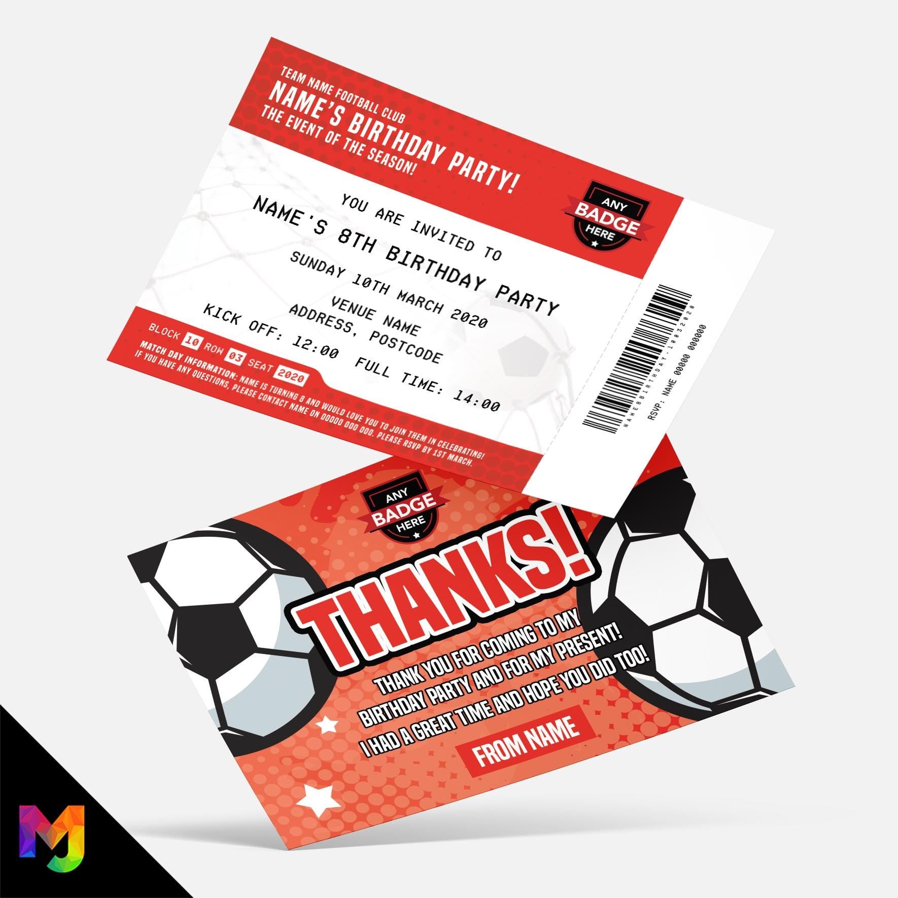 Personalised red football ticket style party Invitations Invites + thank you cards | Any colours!