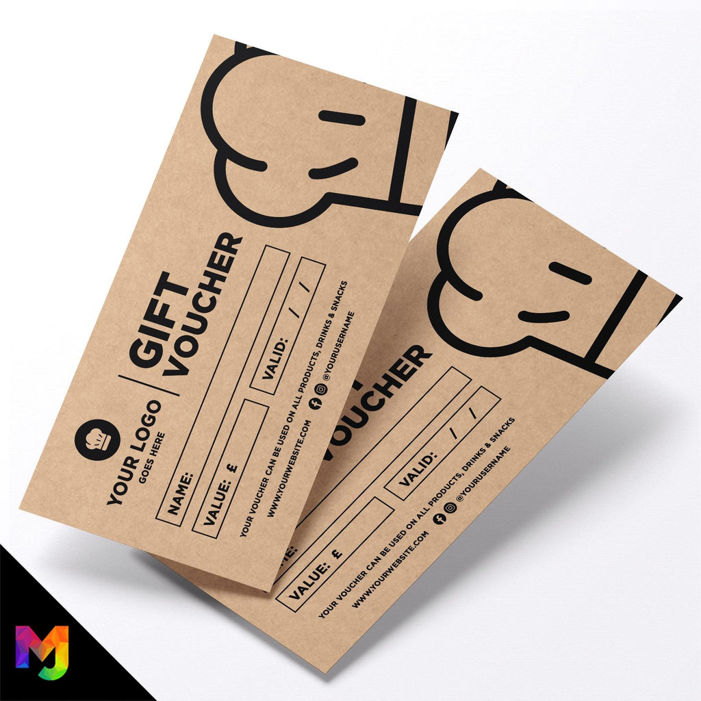 Custom printed kraft gift vouchers | Eco-friendly recycled | Chef Food Bakery Cake Design 1