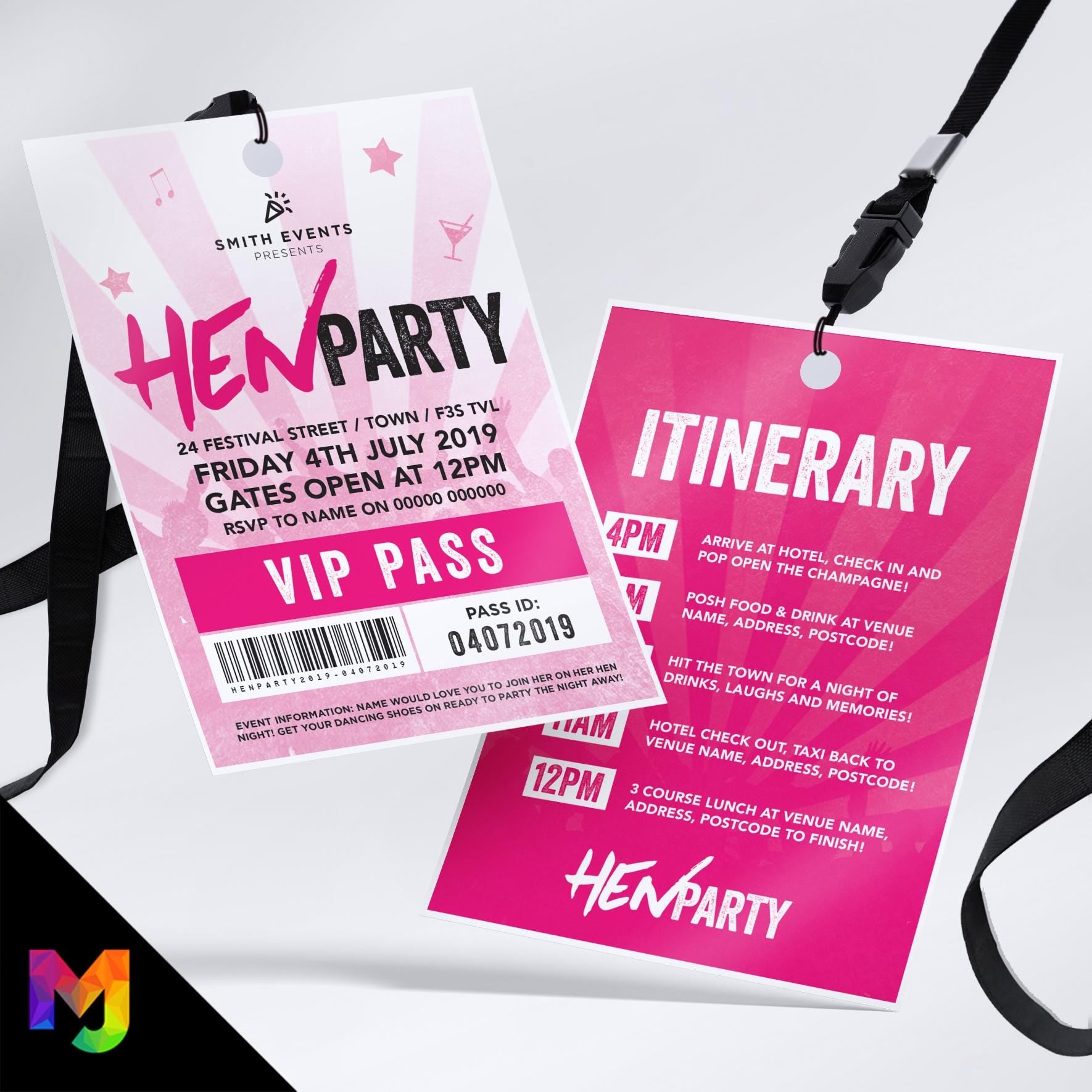 Personalised Hen night party festival style VIP pass & lanyard Invitations Invites