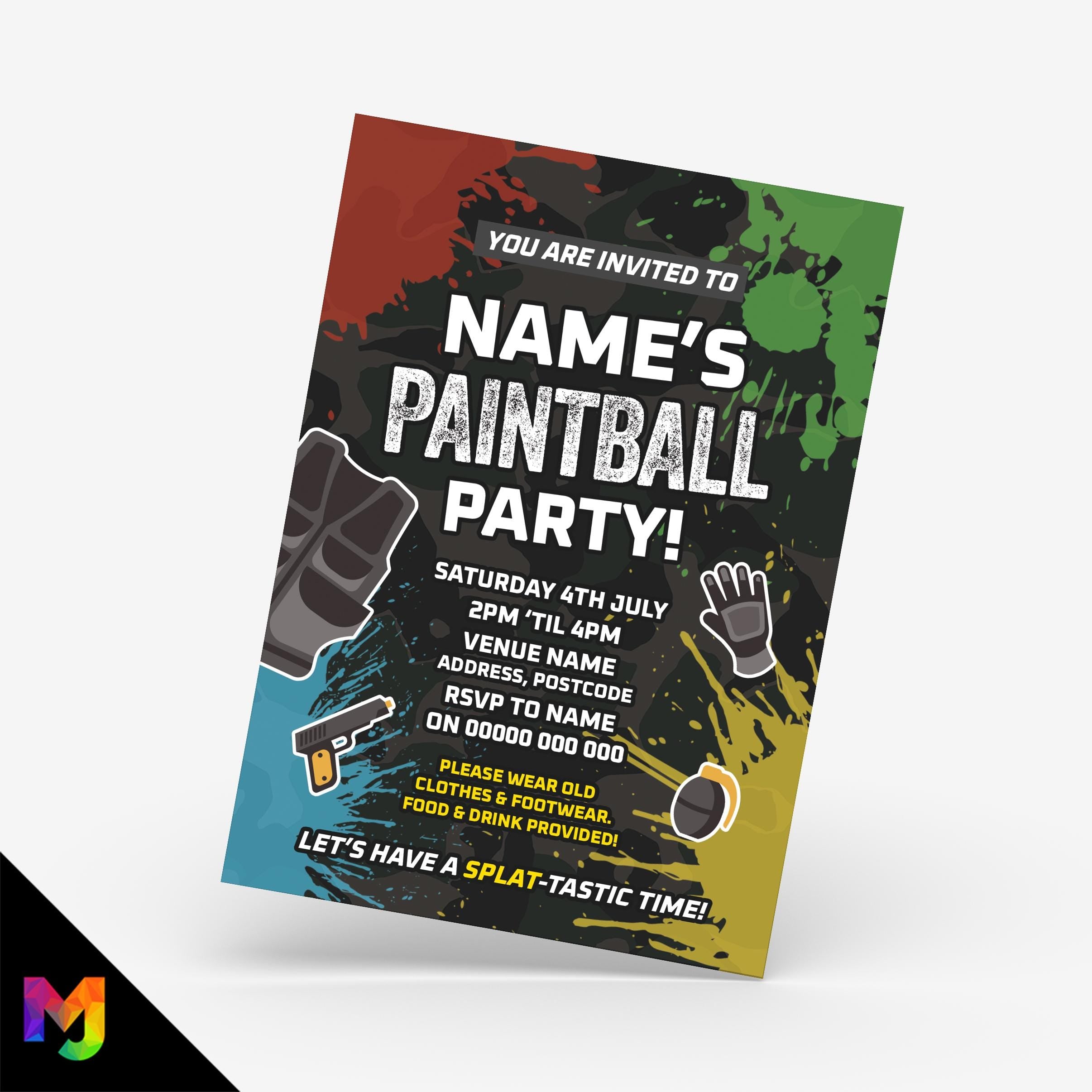 Personalised paintball party style Invitations Invites | Paintballing birthday boys/girls splat design