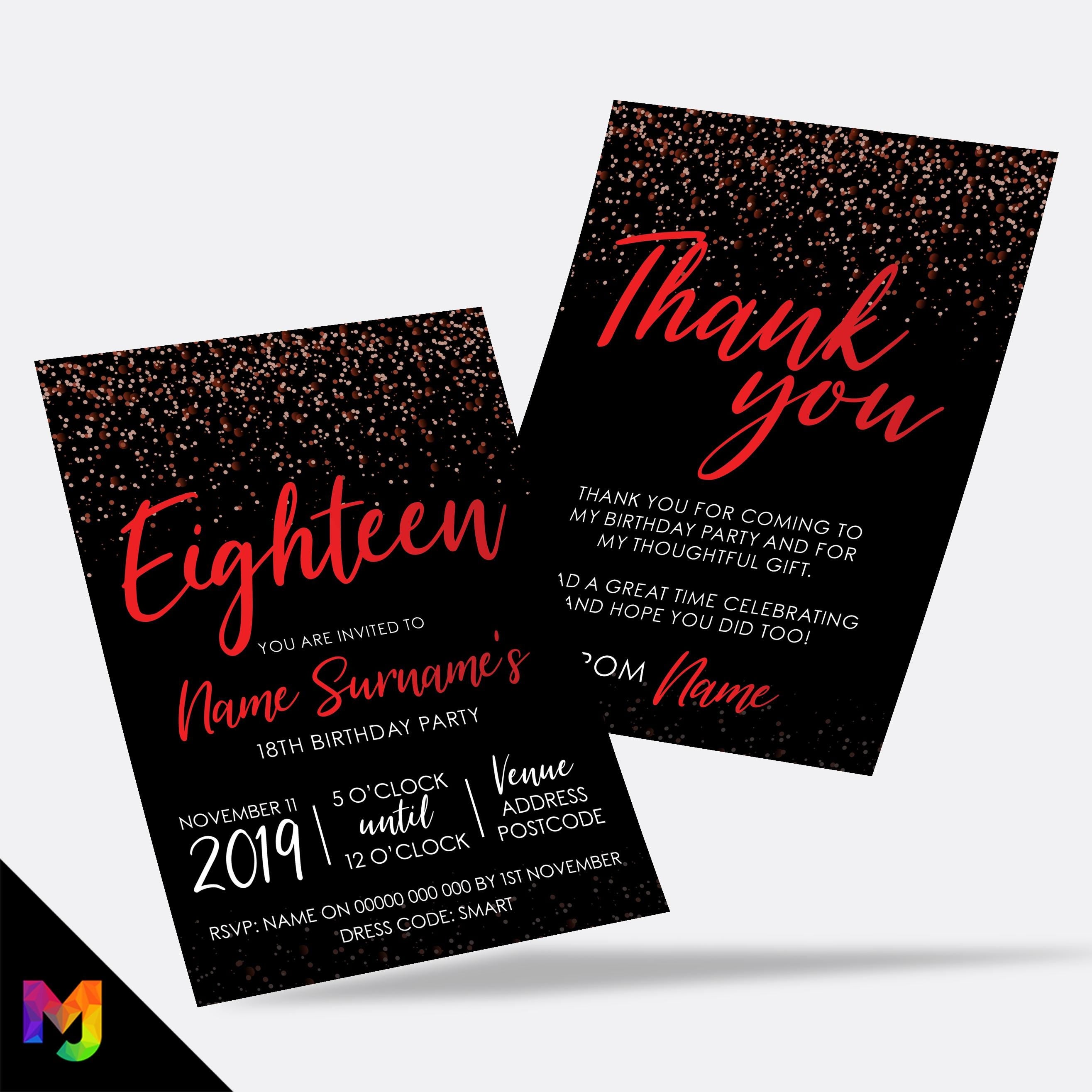 Personalised 18th birthday party Invitations Invites | Black red glitter modern design
