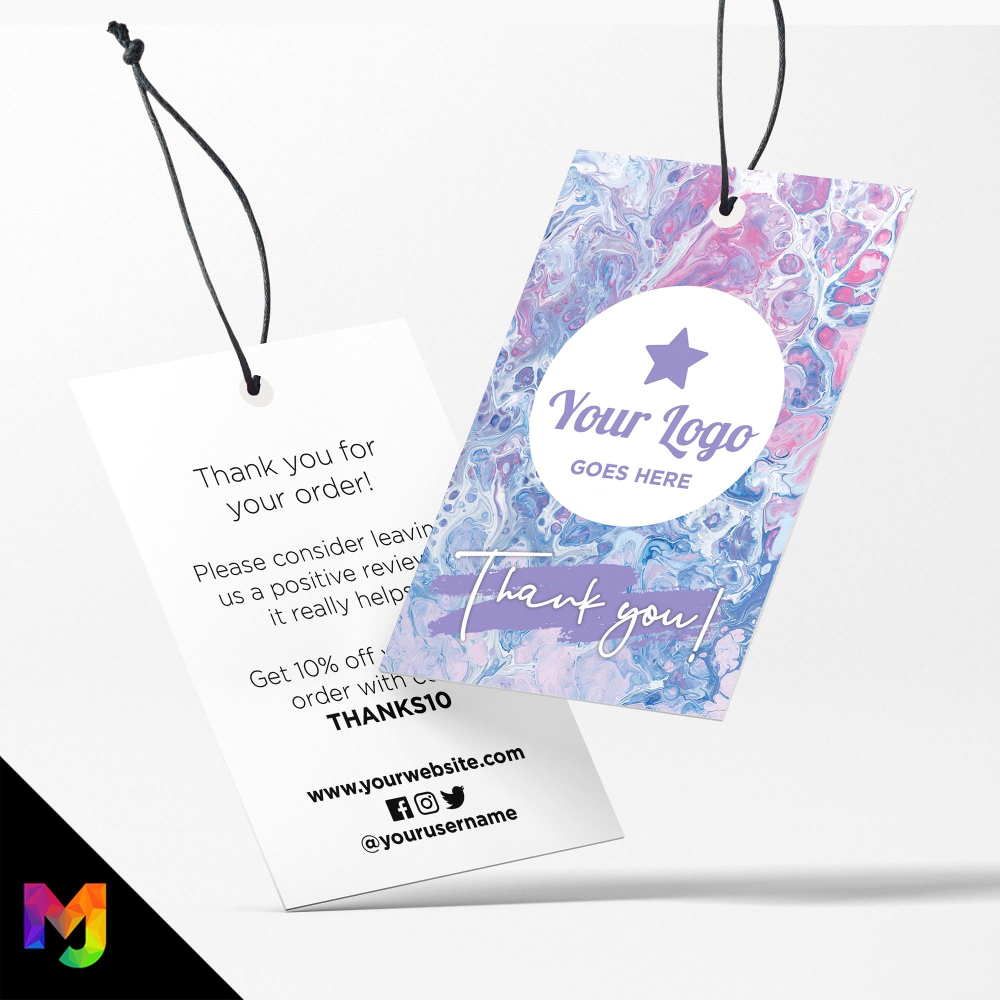 Custom printed thank you swing tags cards | Pink purple blue wax pattern abstract style design