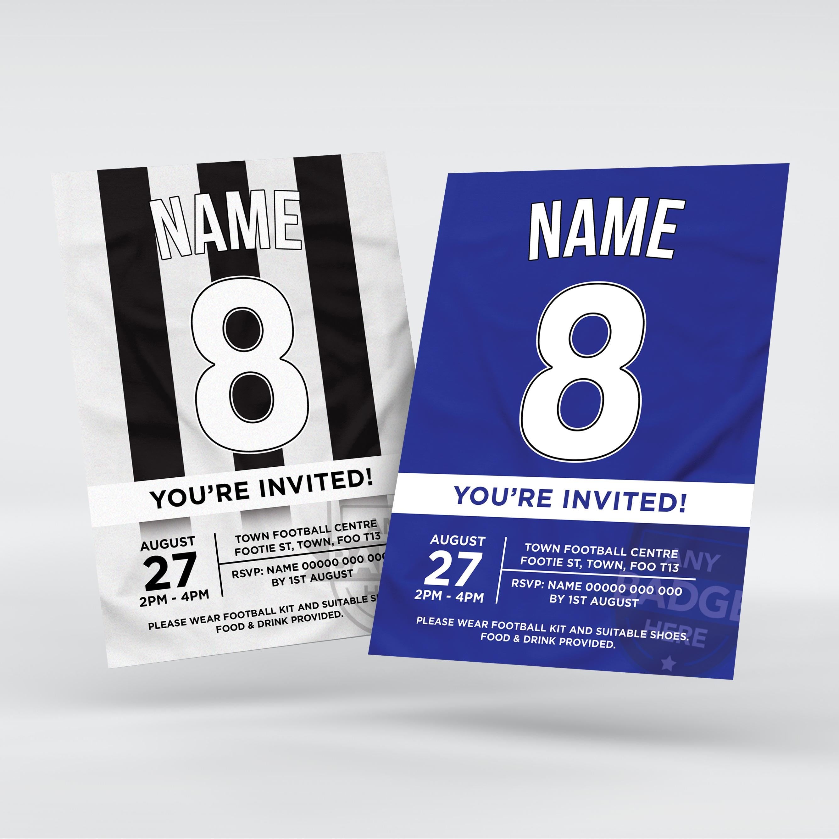 Personalised football shirt style Invitations Invites + thank you cards | Any colours!