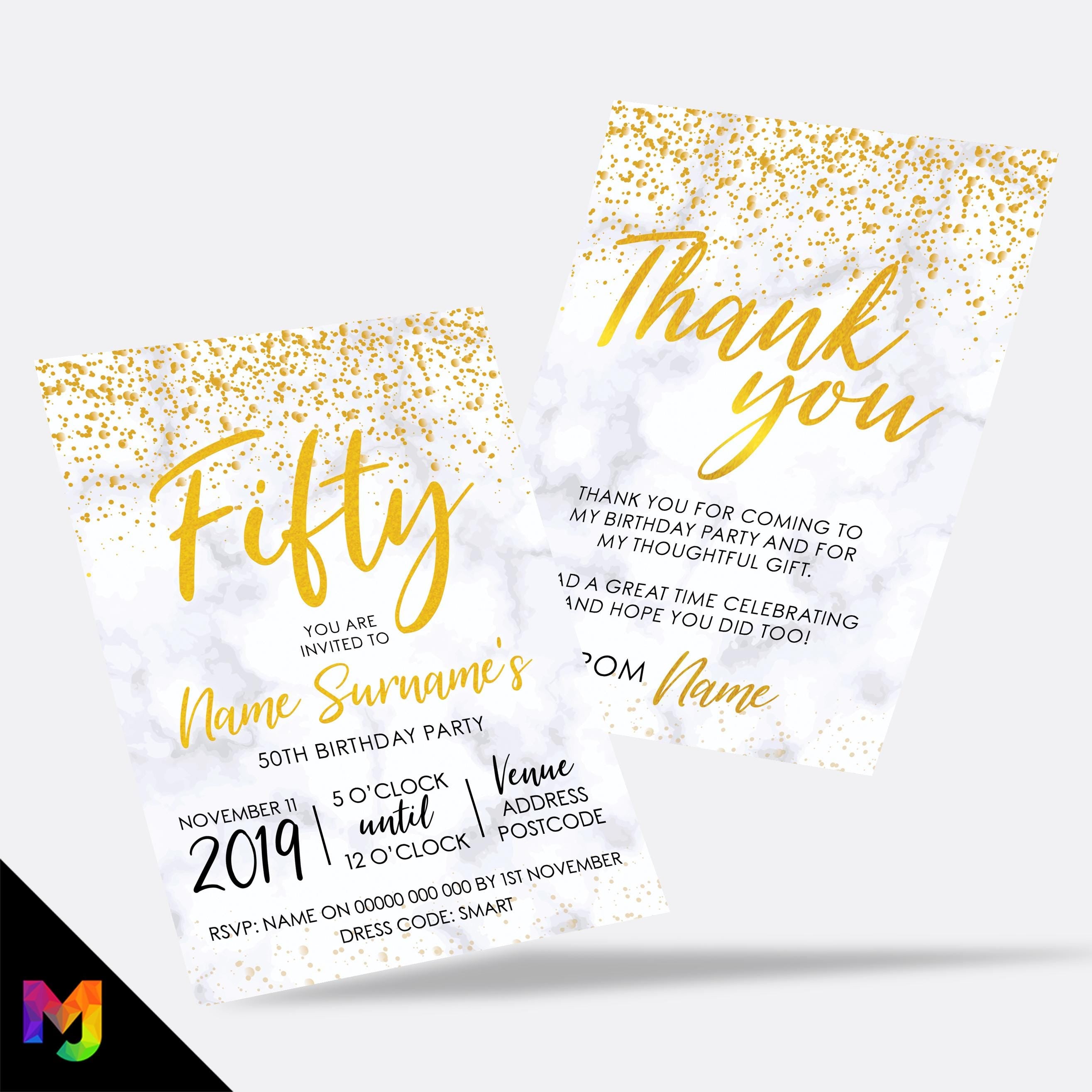 Personalised 50th birthday party Invitations Invites | Marble gold glitter modern design