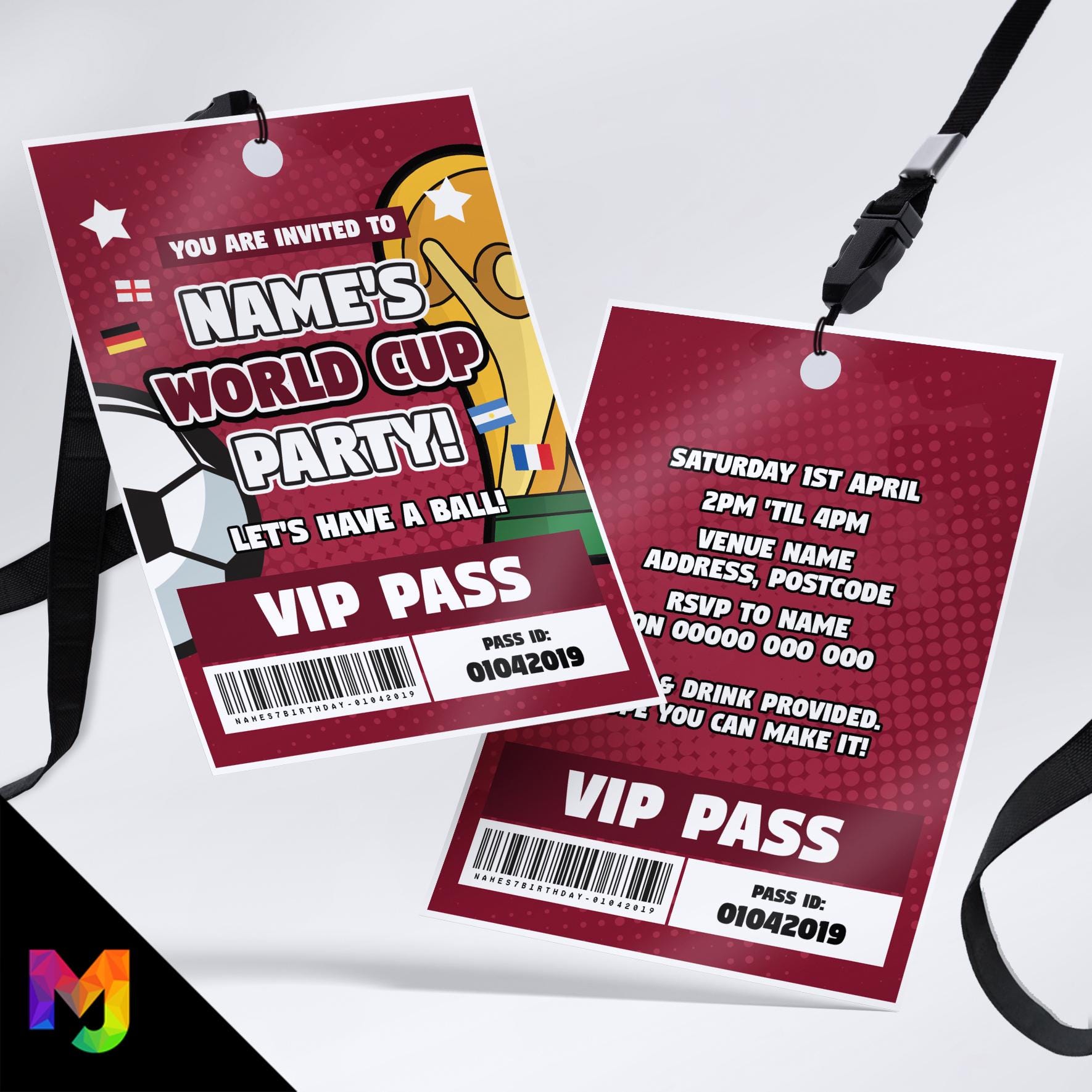 Personalised World cup football soccer / sports party style VIP pass & lanyards