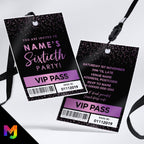 Personalised 60th birthday style VIP pass & lanyards | Purple black glitter design | ANY AGE!