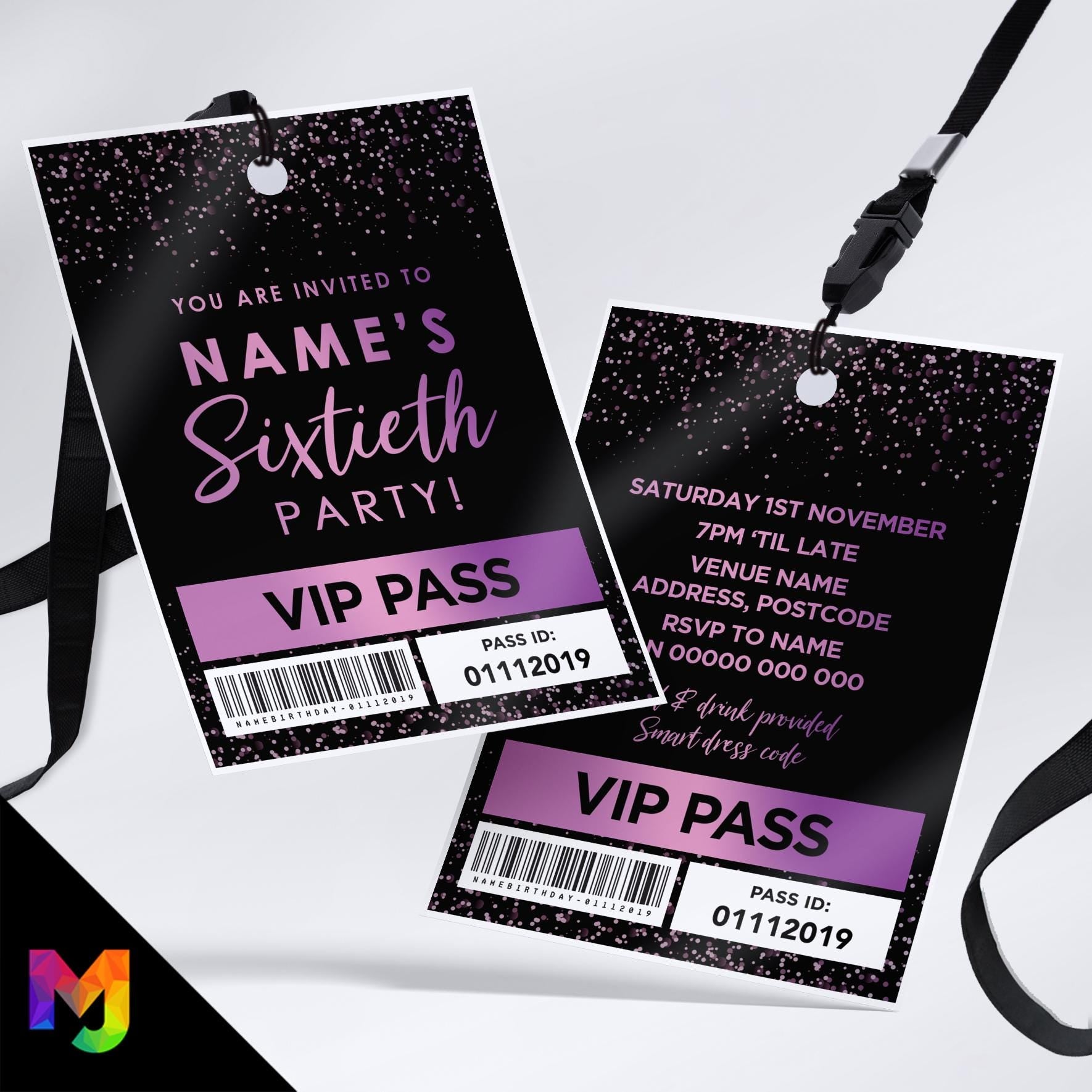Personalised 60th birthday style VIP pass & lanyards | Purple black glitter design | ANY AGE!