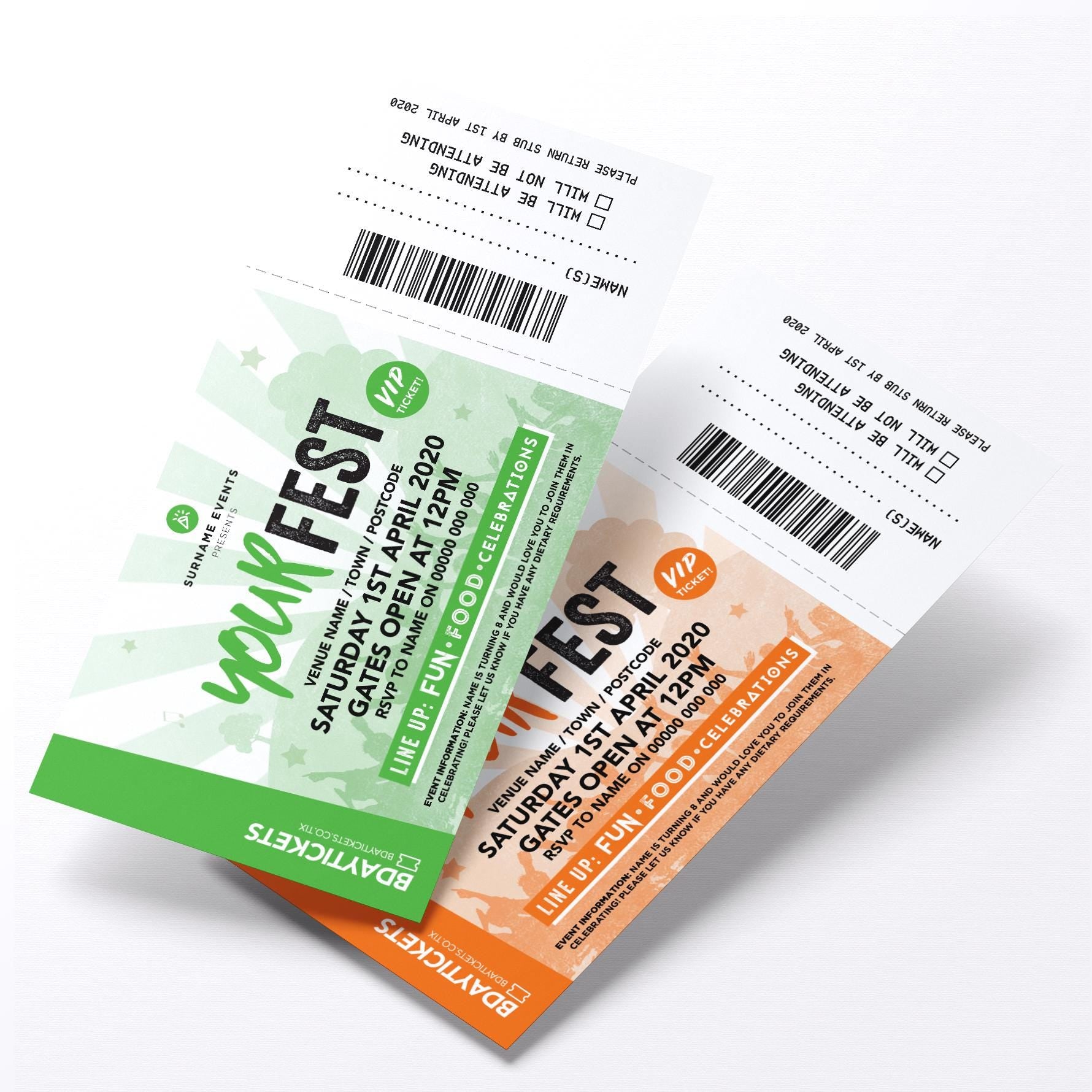 Personalised festival VIP ticket style party Invitations Invites | Perforated stubs