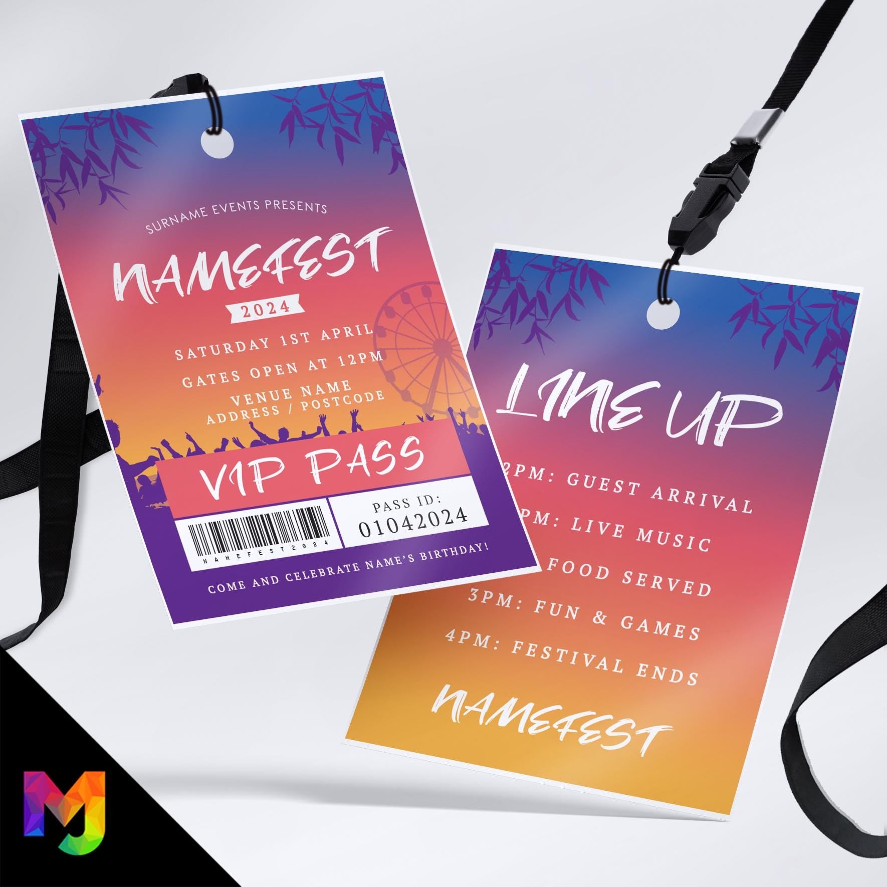 Personalised boho / chic festival style VIP pass & lanyard Invitations Invites | Pink purple yellow orange gradient | Music summer fest