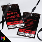 Personalised 70th birthday style VIP pass & lanyards | Red black glitter design | ANY AGE!