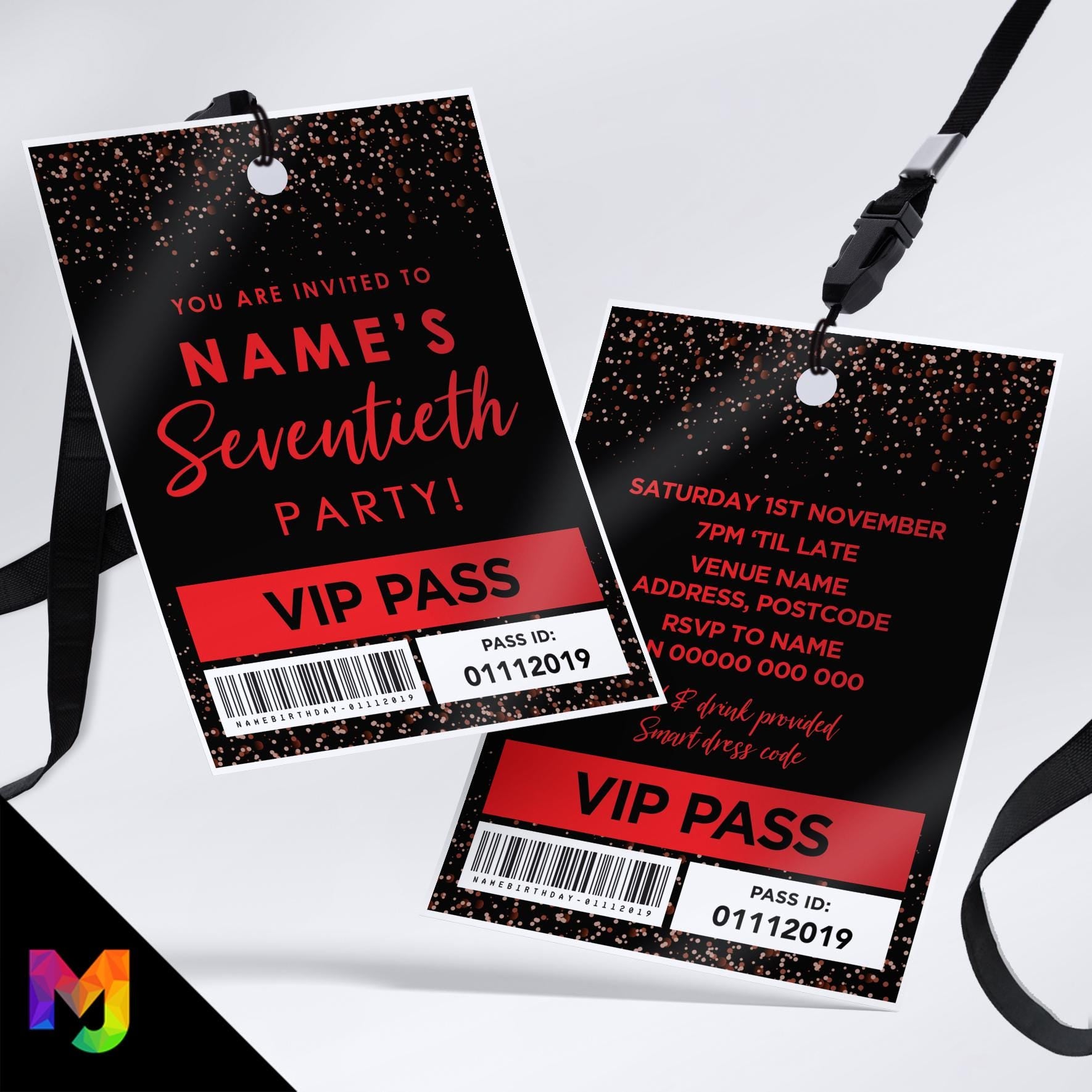 Personalised 70th birthday style VIP pass & lanyards | Red black glitter design | ANY AGE!