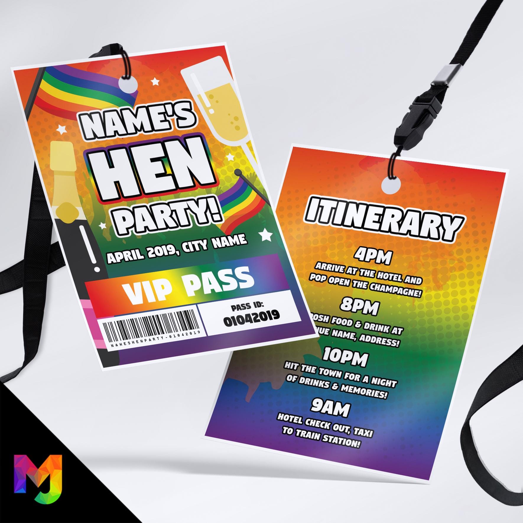 Personalised LGBTQ+ Hen party style VIP pass & lanyard Invitations Invites | Gay Lesbian dares
