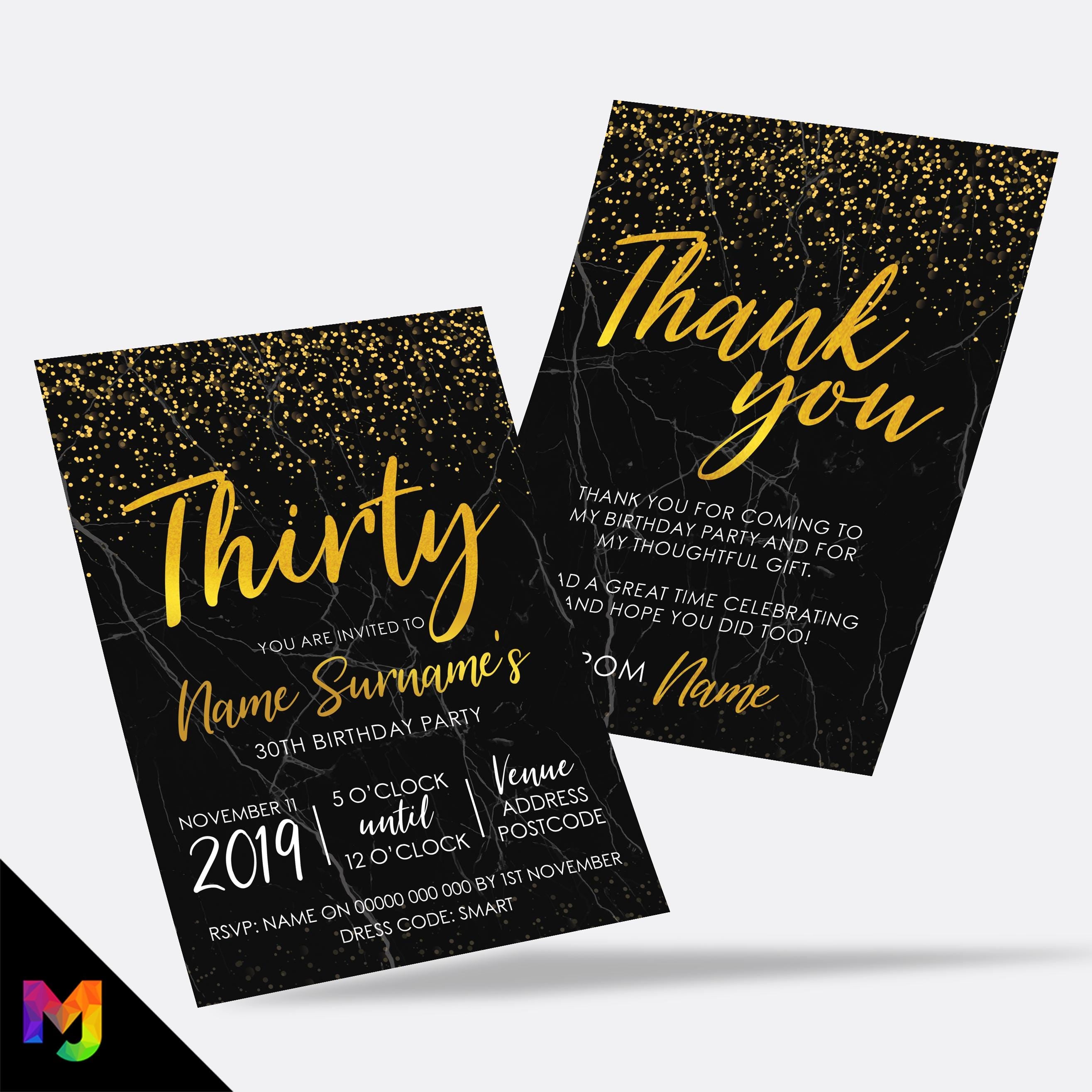 Personalised 30th birthday party Invitations Invites | Black marble gold glitter modern design
