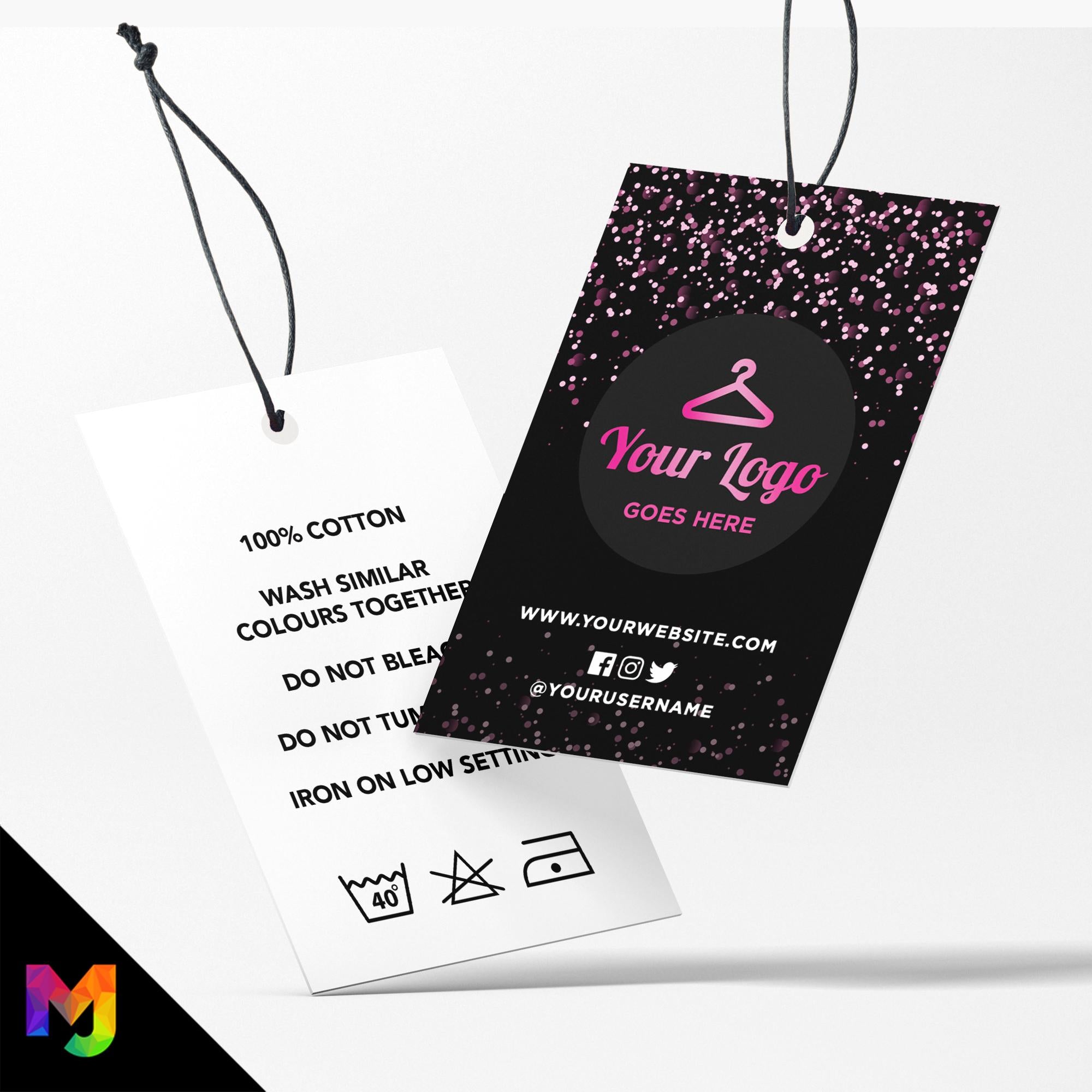 Custom printed clothing swing tags cards | Black hot pink glitter modern style design