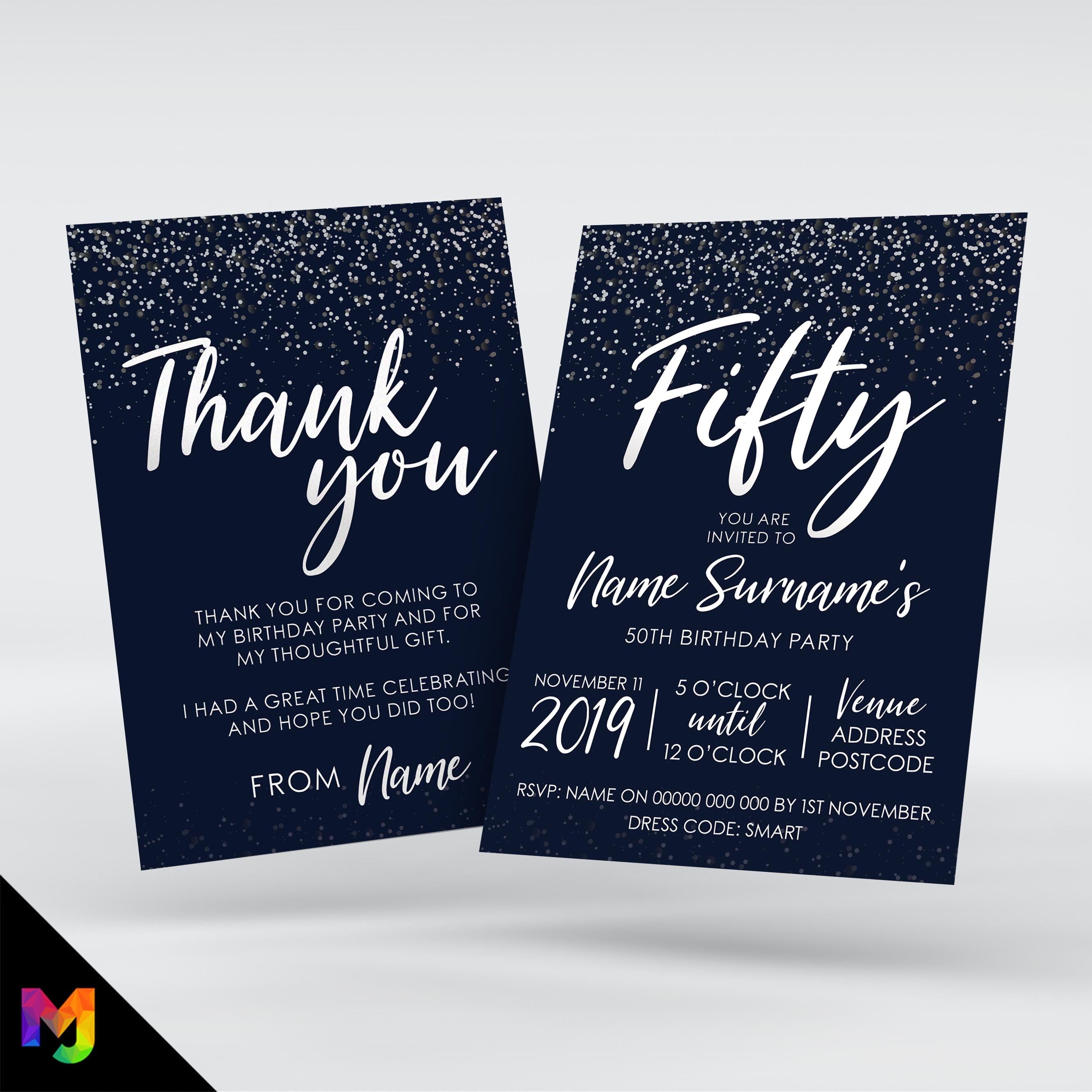 Personalised 50th birthday party Invitations Invites | Navy & white glitter style modern design