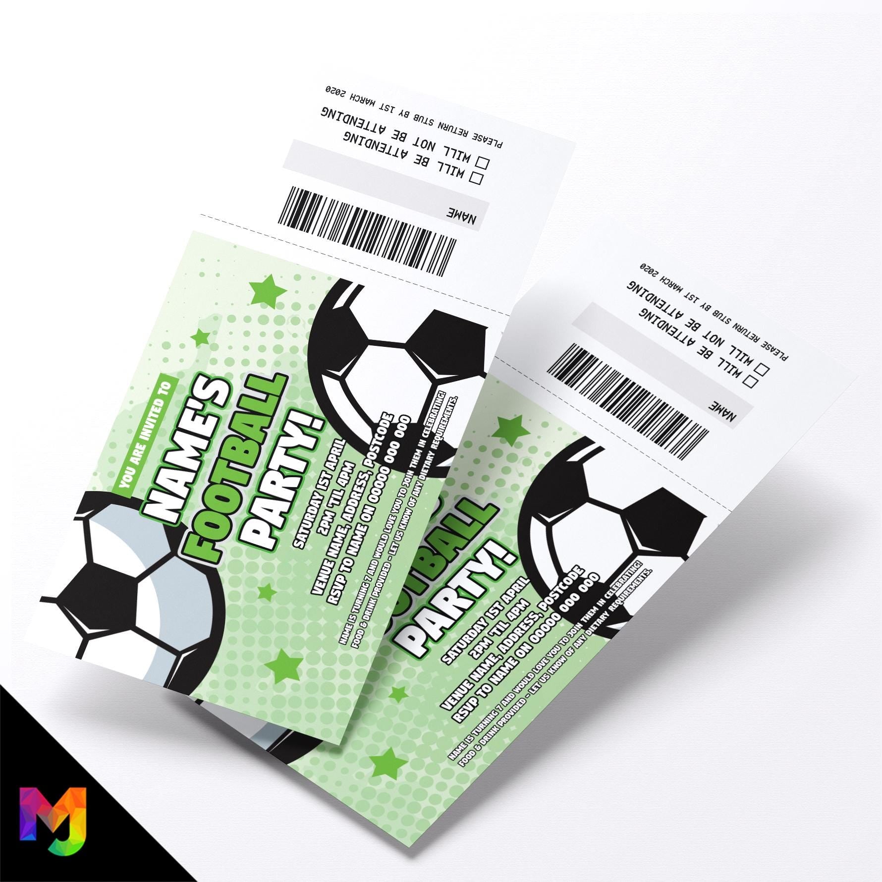Personalised football party Invitations Invites soccer sports | Perforated stubs