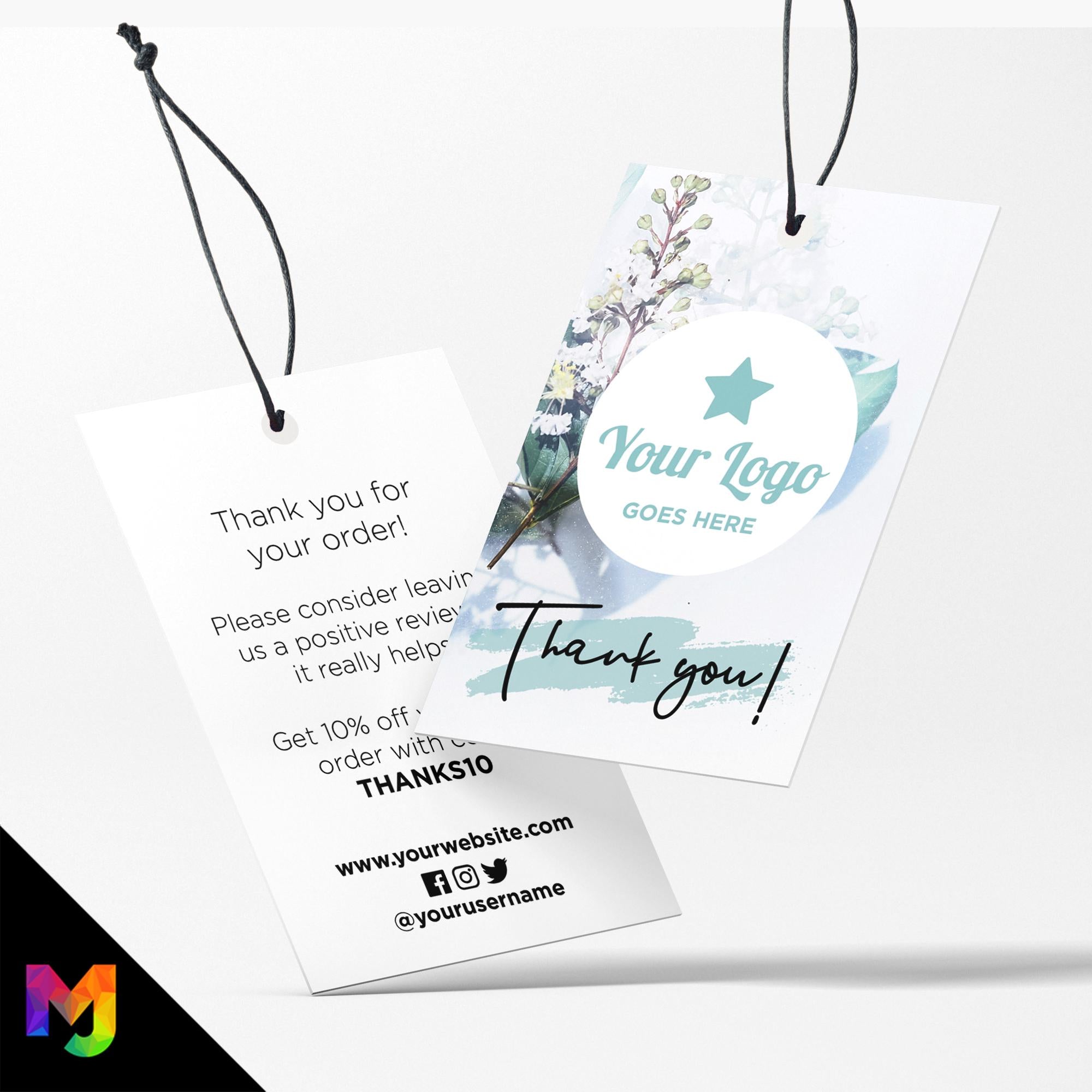 Custom printed thank you swing tags cards | Teal blue floral flowers feminine design