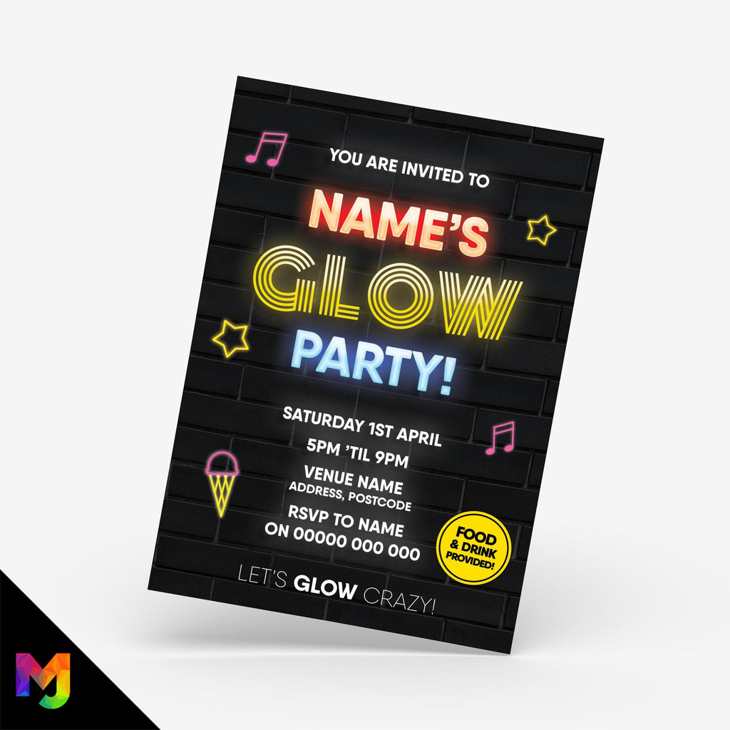 Personalised glow party neon lights style Invitations Invites
