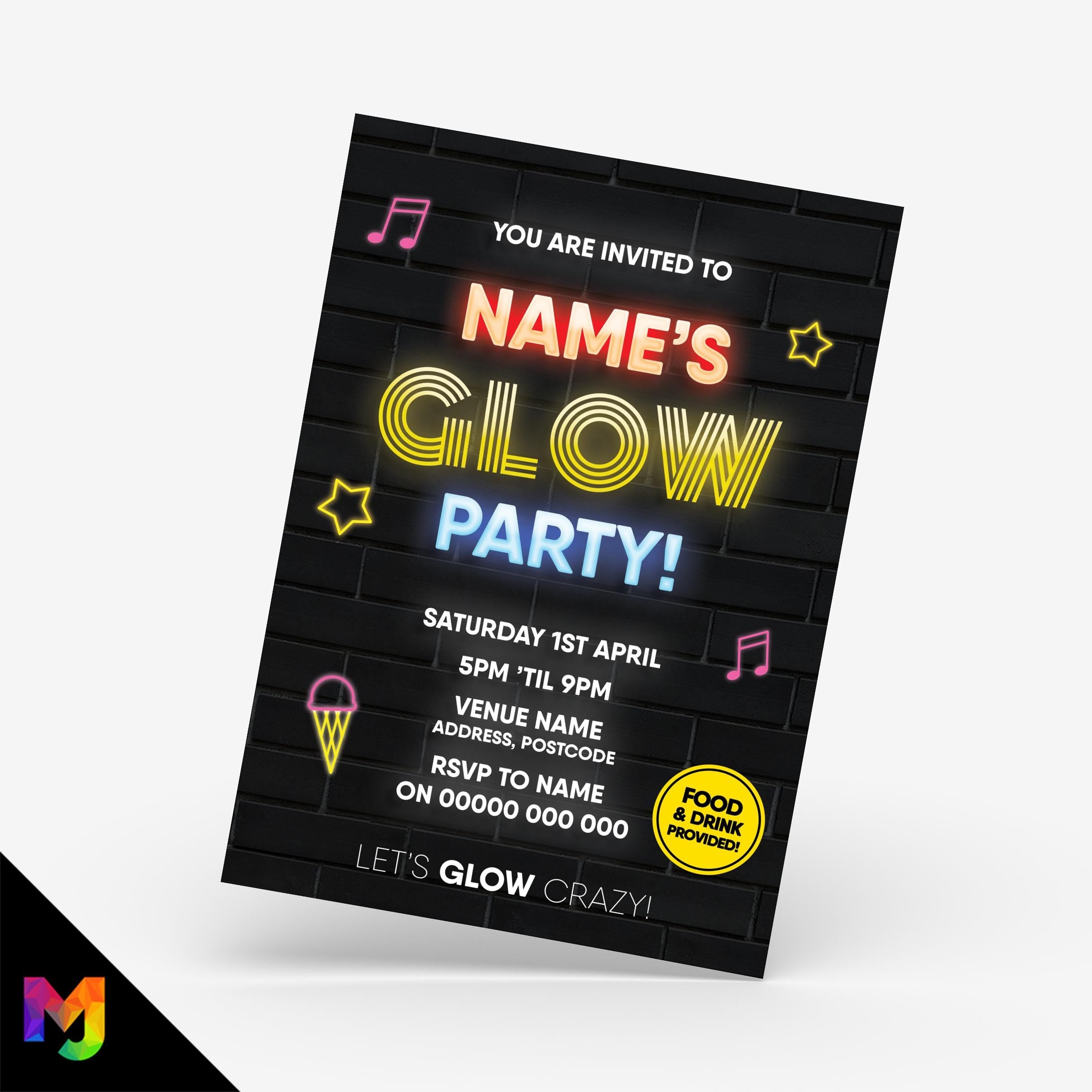 Personalised glow party neon lights style Invitations Invites