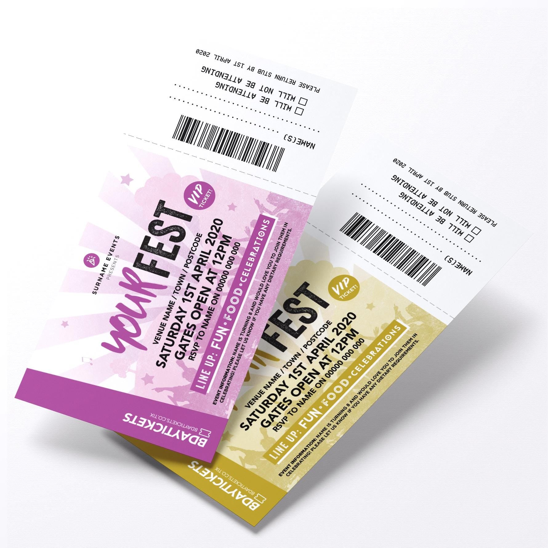 Personalised festival VIP ticket style party Invitations Invites | Perforated stubs