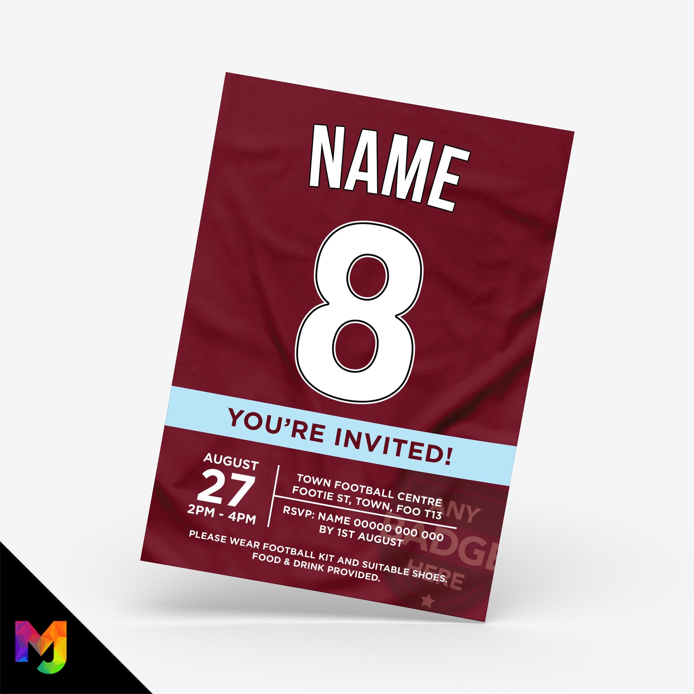 Personalised maroon football shirt style Invitations Invites + thank you cards | Any colours!