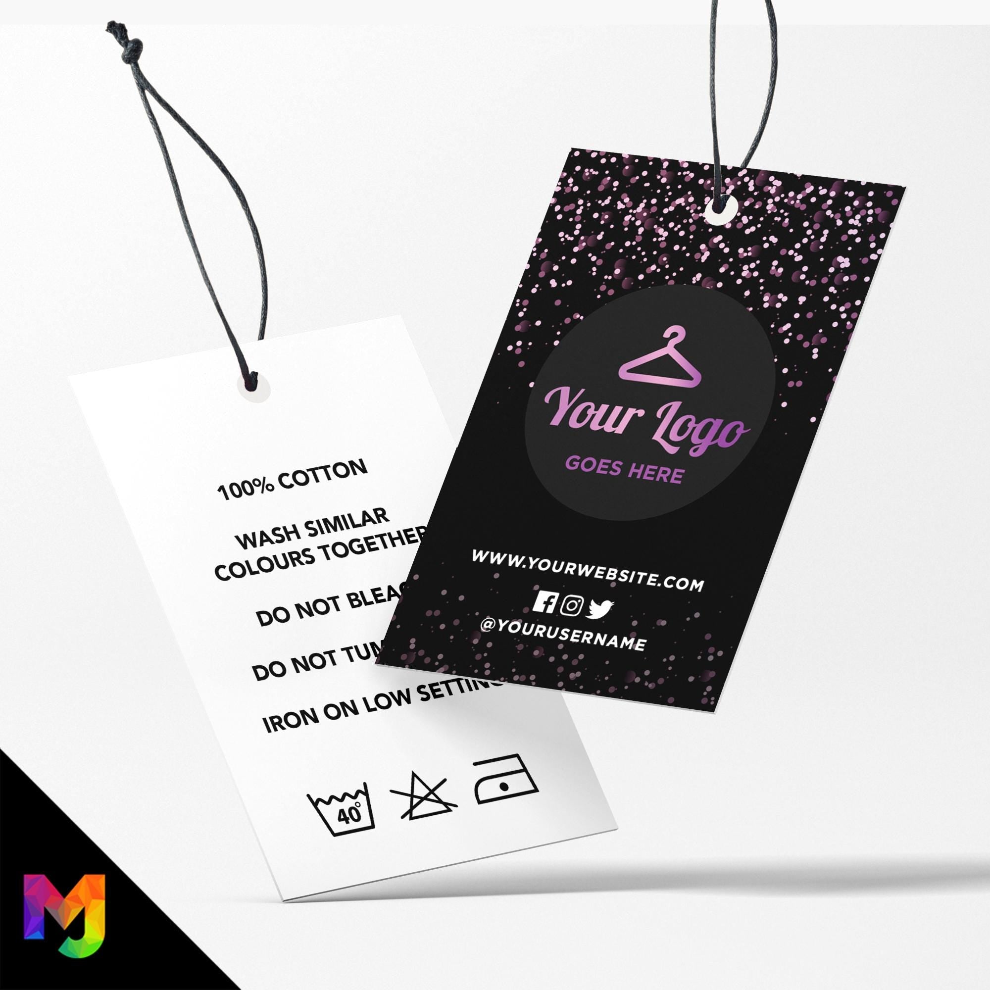 Custom printed clothing swing tags cards | Black purple glitter modern style design
