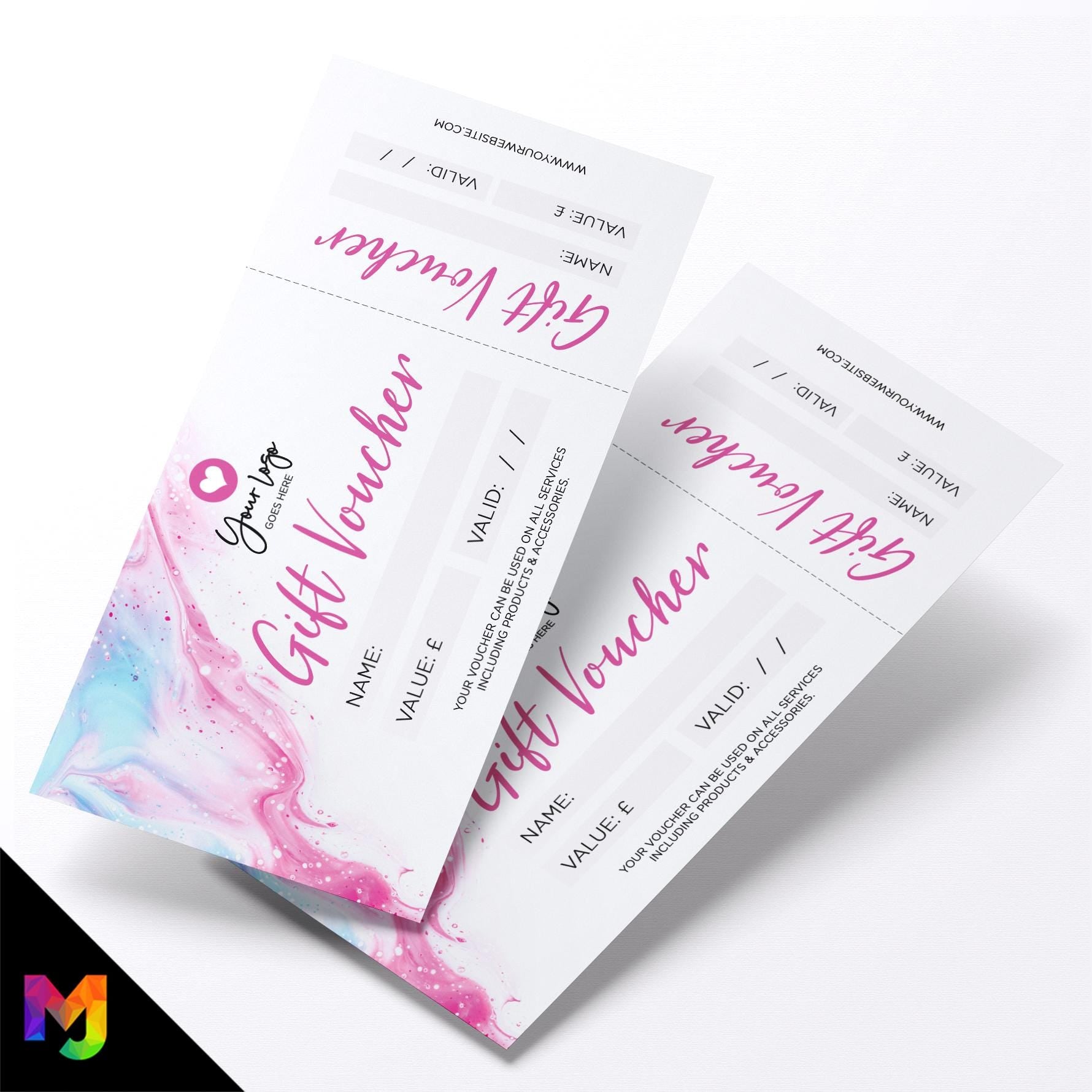 Custom printed gift vouchers | Perforated stubs | Pink blue white wax melt abstract modern fancy professional